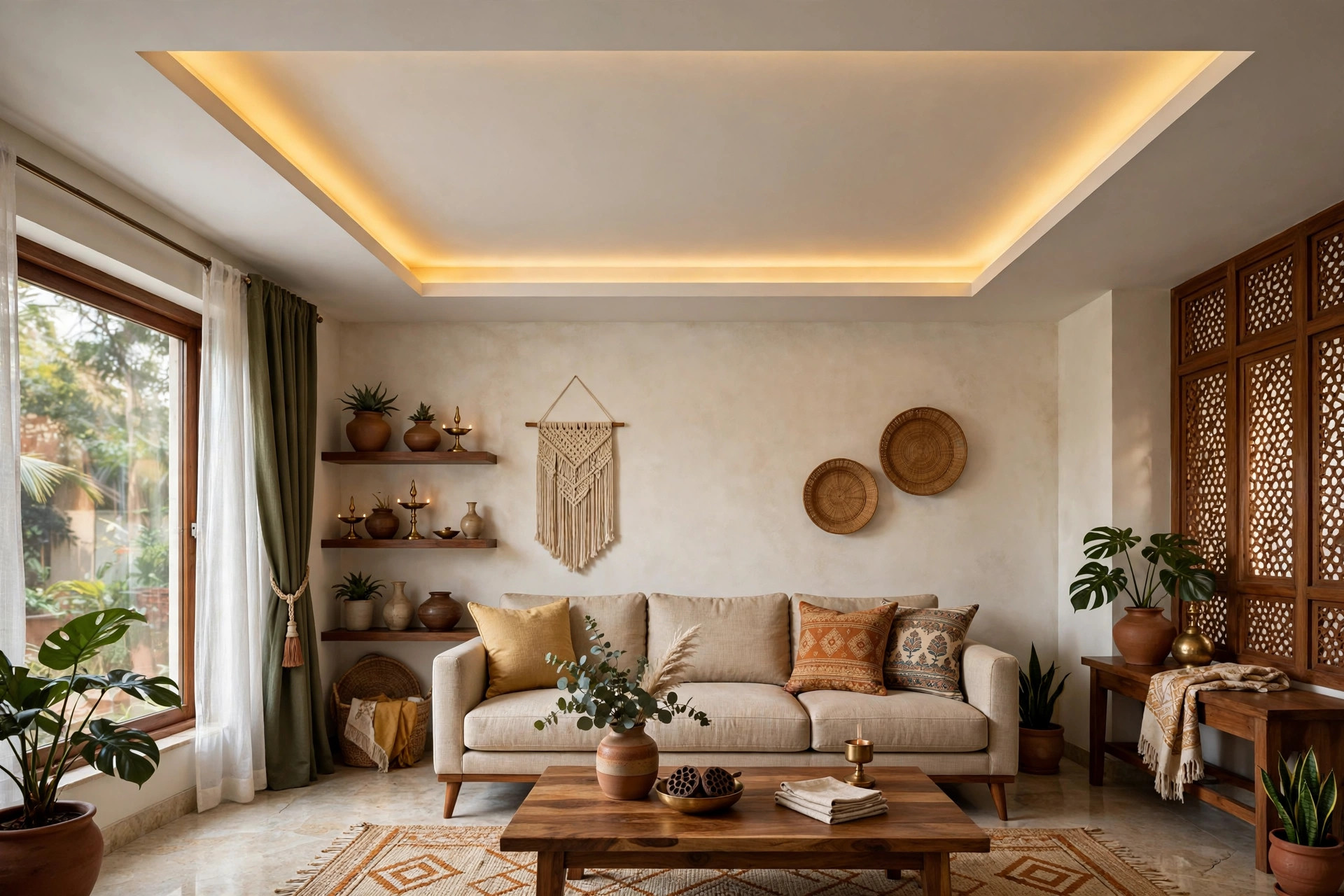 Indian living room with a rectangular tray false ceiling with warm cove lighting inside the recess