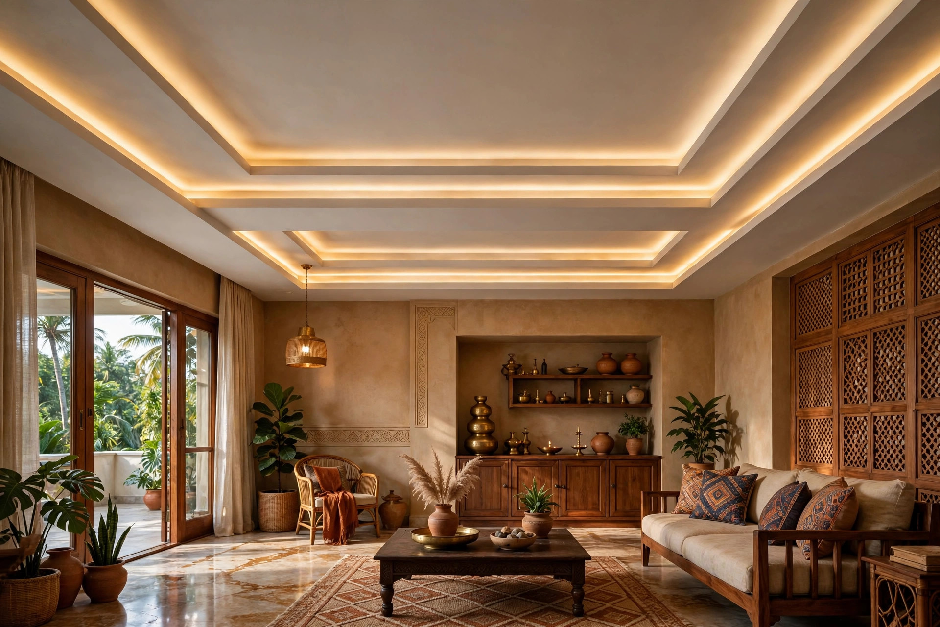 Indian hall with a multi-layer stepped false ceiling with LED strips on each step