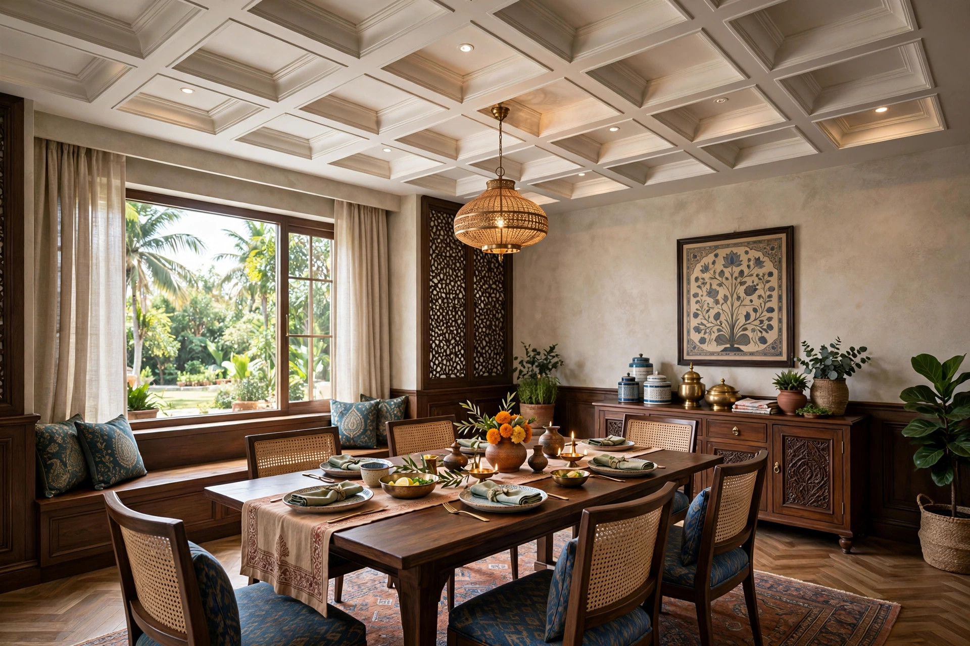 Elegant Indian dining room with a coffered false ceiling of recessed square grid panels