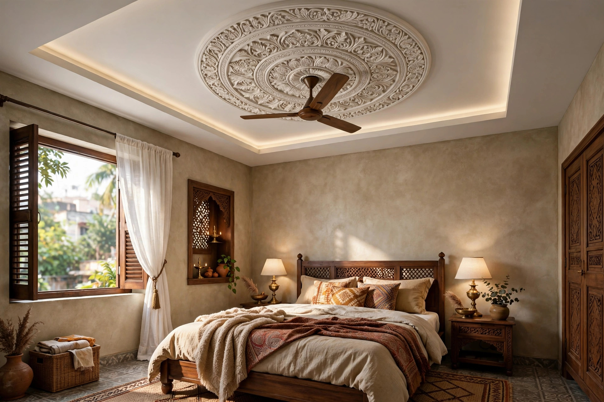Indian bedroom with a round circular ceiling medallion design in the centre of a POP false ceiling