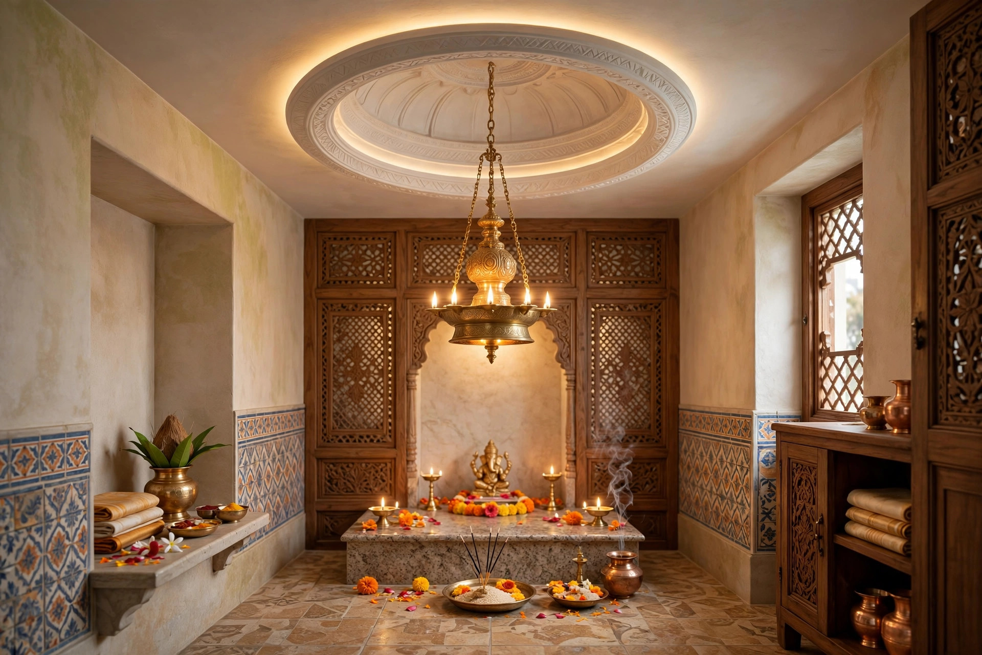 Indian pooja room with a small dome-shaped false ceiling centre and brass lamp glow