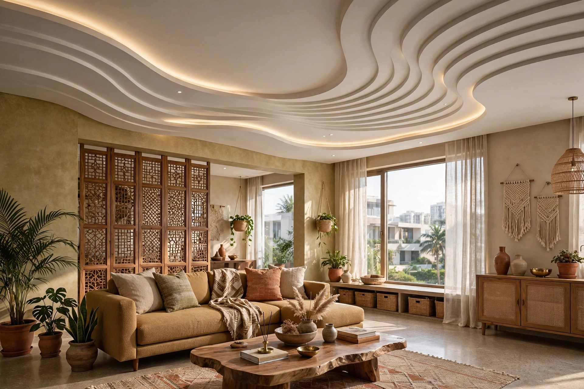 Modern Indian living room with a curved wave-shaped false ceiling flowing across the room