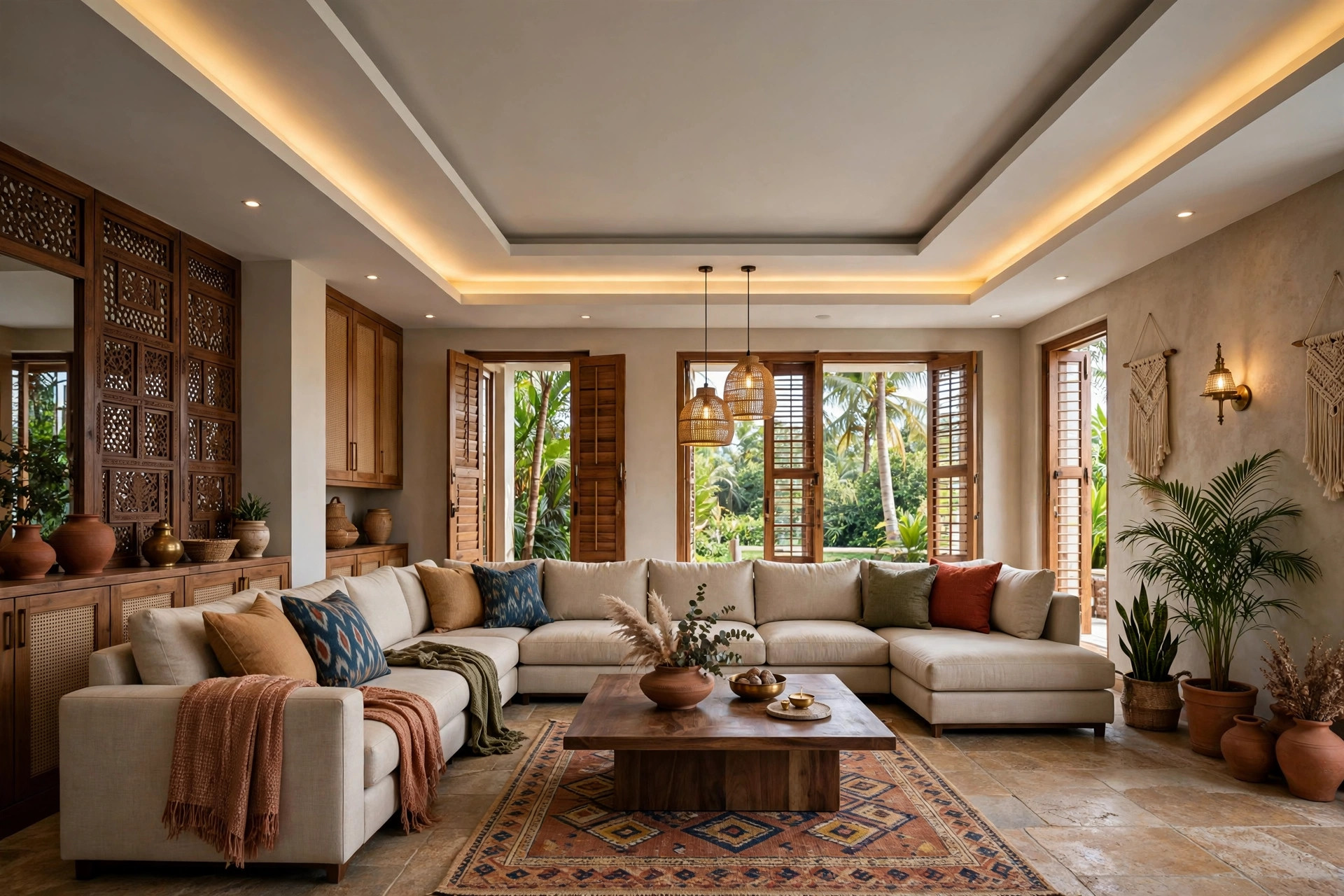 Indian hall with an L-shaped false ceiling design following the room's seating layout