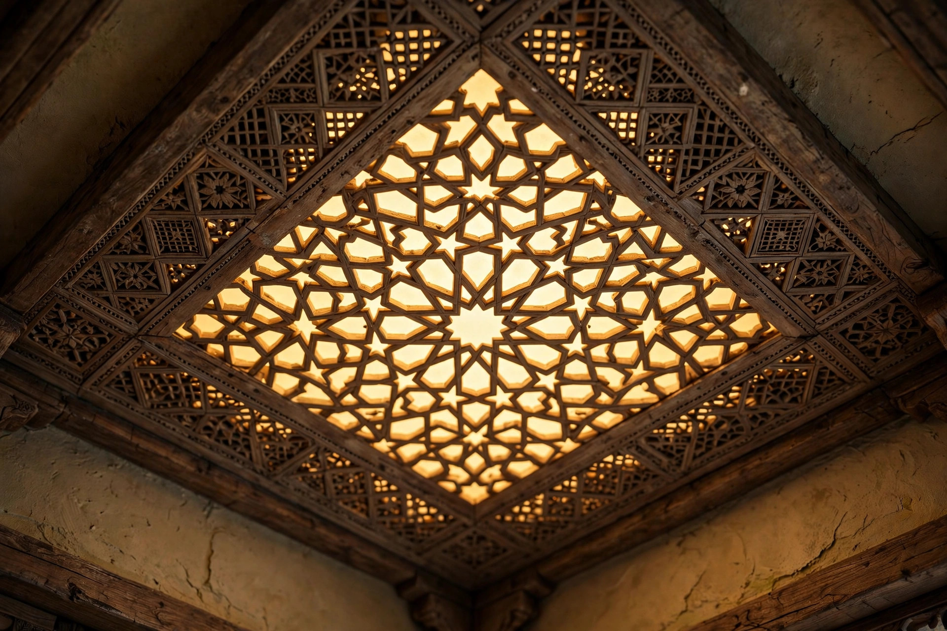 Close-up of a backlit jali-pattern cut ceiling panel with glowing geometric cutwork