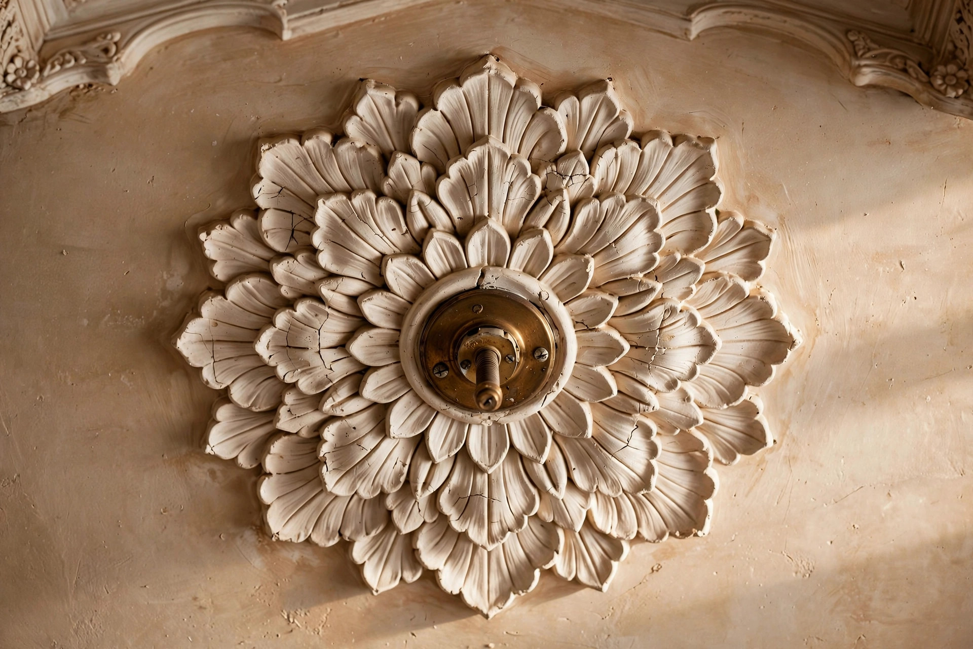Close-up of a floral flower-petal plaster medallion in the centre of a ceiling around a light fixture