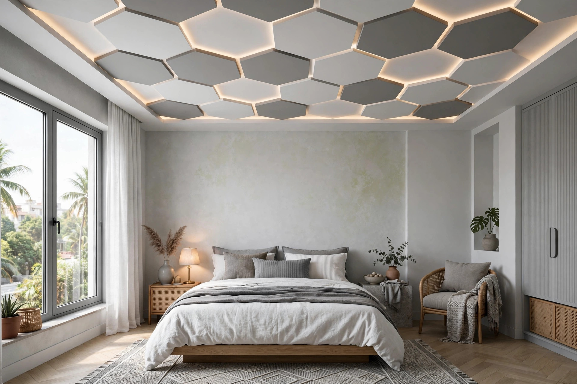 Modern Indian bedroom with a hexagonal geometric pattern false ceiling design