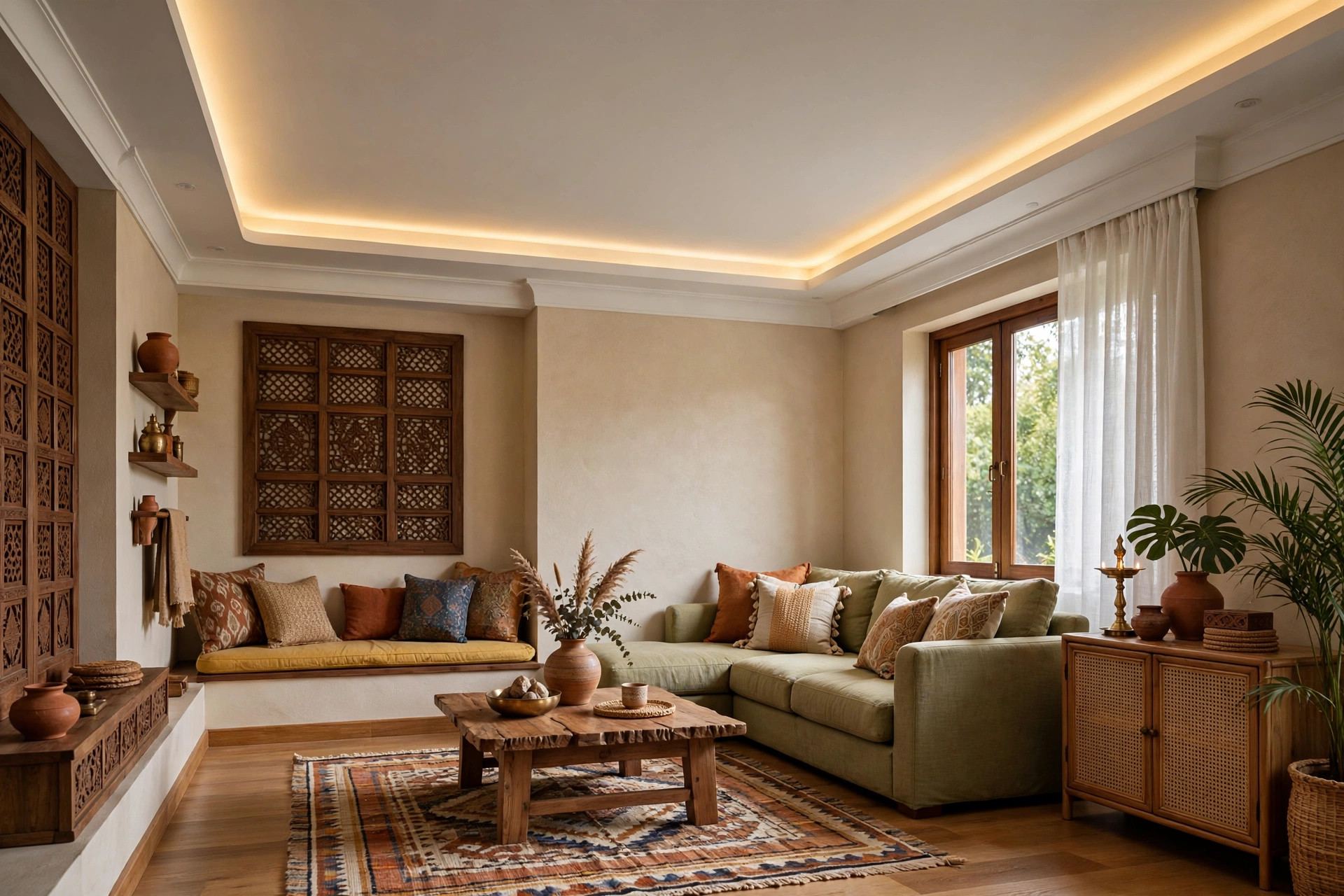 Indian living room showing a perimeter border pelmet false ceiling design with cove light along the walls