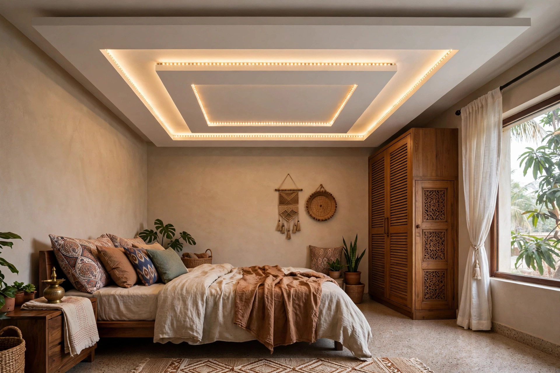 Indian bedroom with nested rectangular frame false ceiling design with LED strip