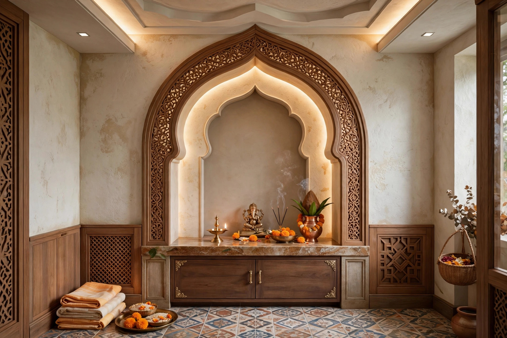 Small Indian pooja room with an arched mehrab shaped false ceiling niche design