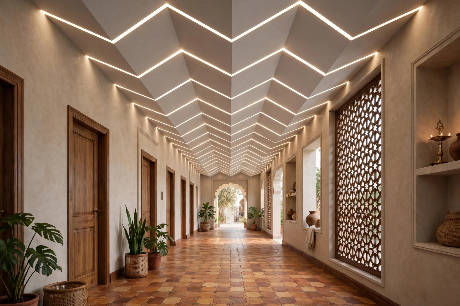 Long Indian home corridor with a zigzag patterned false ceiling with linear lights