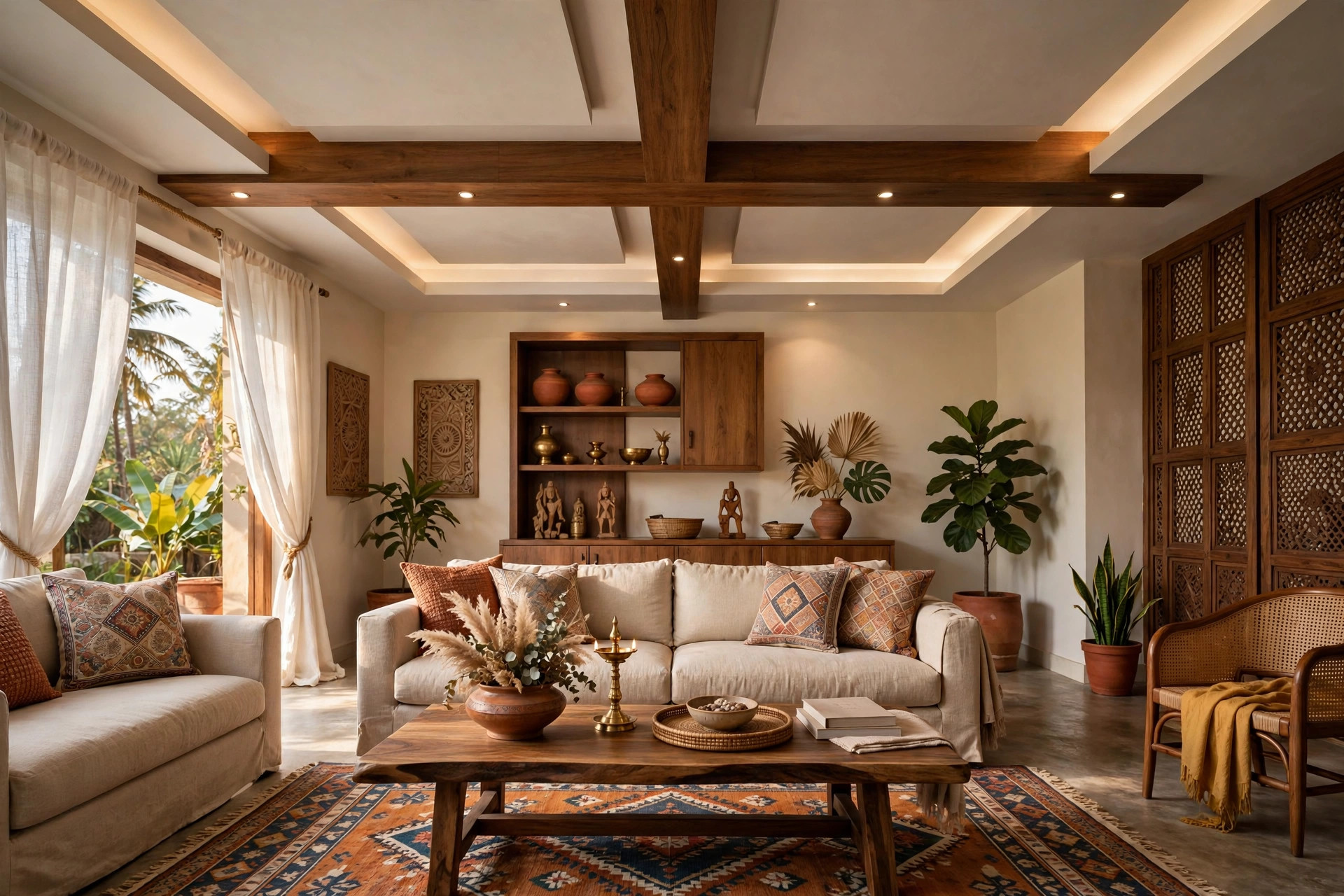 Indian living room with a plus-sign intersecting beam false ceiling design over the seating area