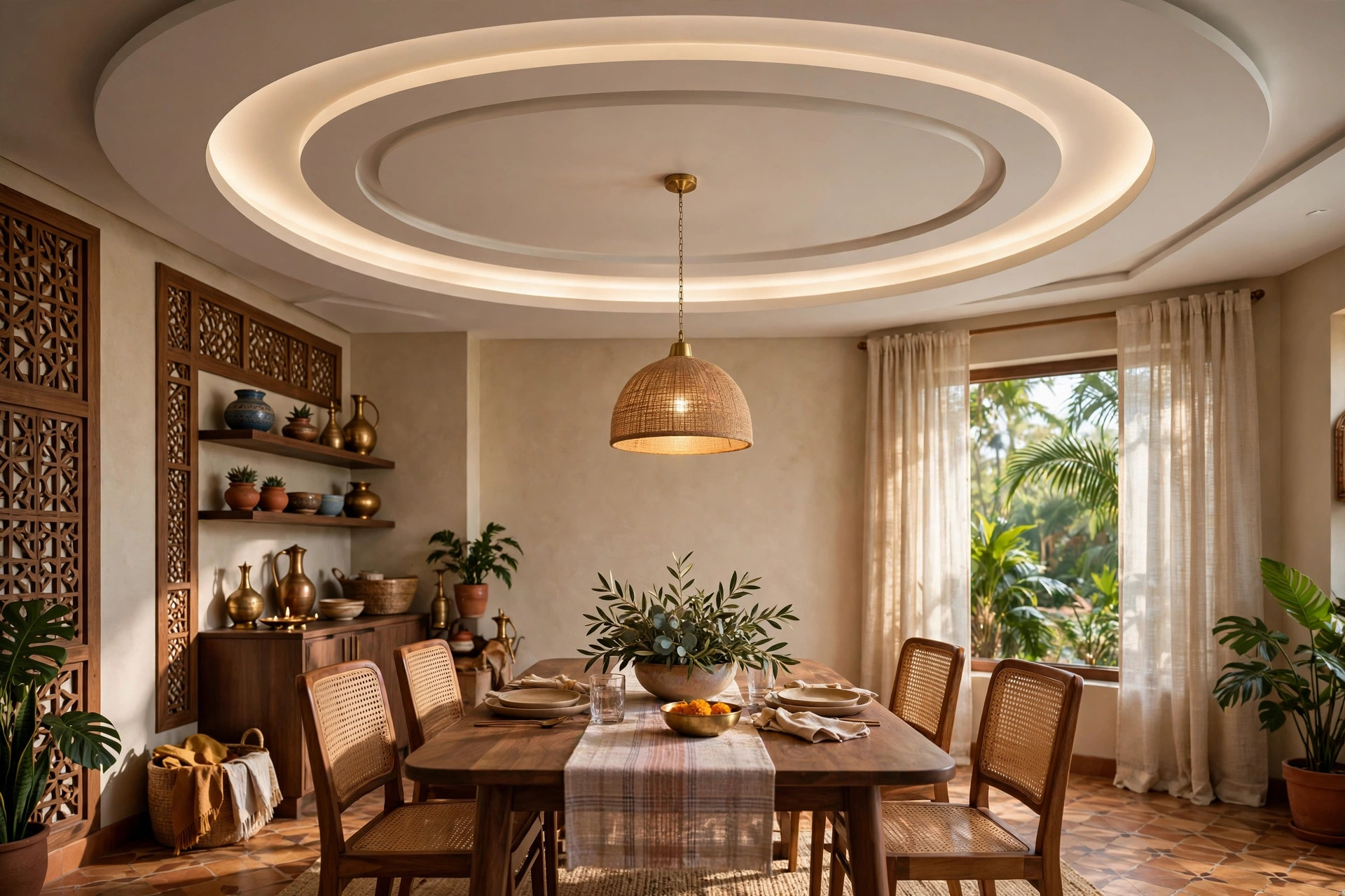 Indian dining room with an oval-shaped false ceiling above the dining table with a pendant light