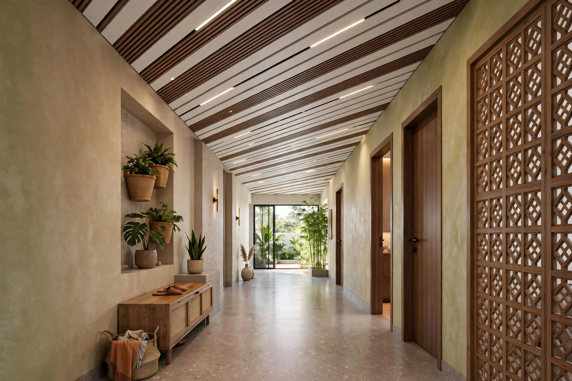 Indian corridor with diagonal striped false ceiling pattern in a modern finish