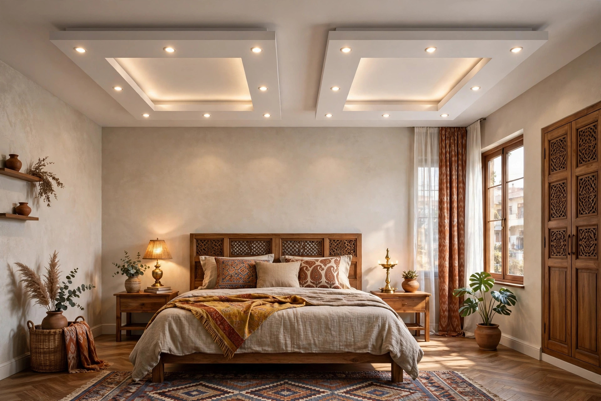 Indian bedroom with square frame false ceiling design and two square gypsum frames with spotlights