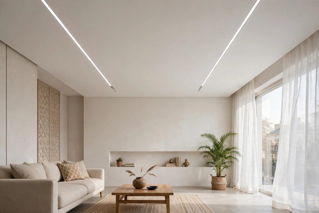 Concept render of a seamless flat gypsum ceiling with slim linear light channels in a modern living room