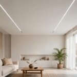 Concept render of a seamless flat gypsum ceiling with slim linear light channels in a modern living room