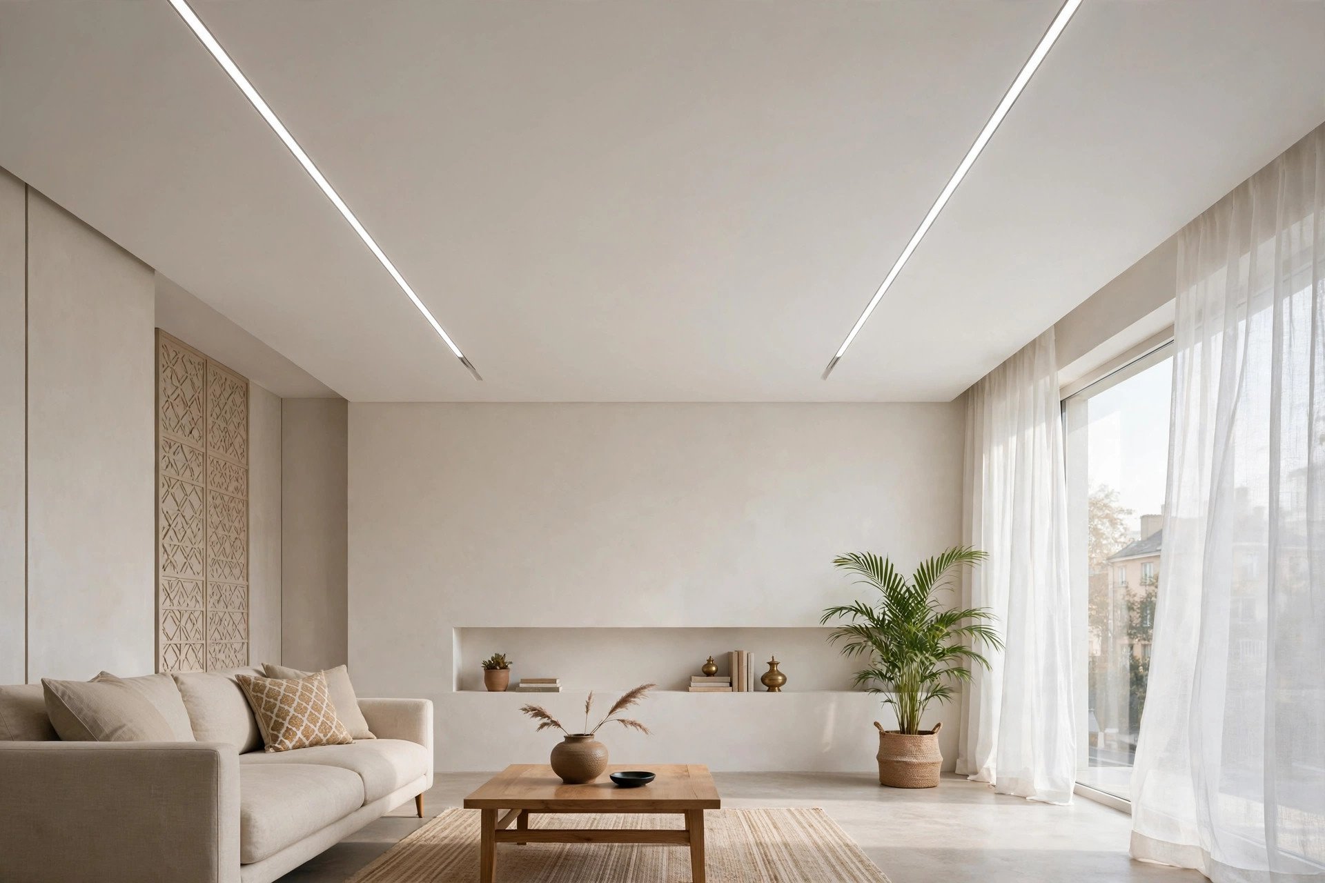 Concept render of a seamless flat gypsum ceiling with slim linear light channels in a modern living room
