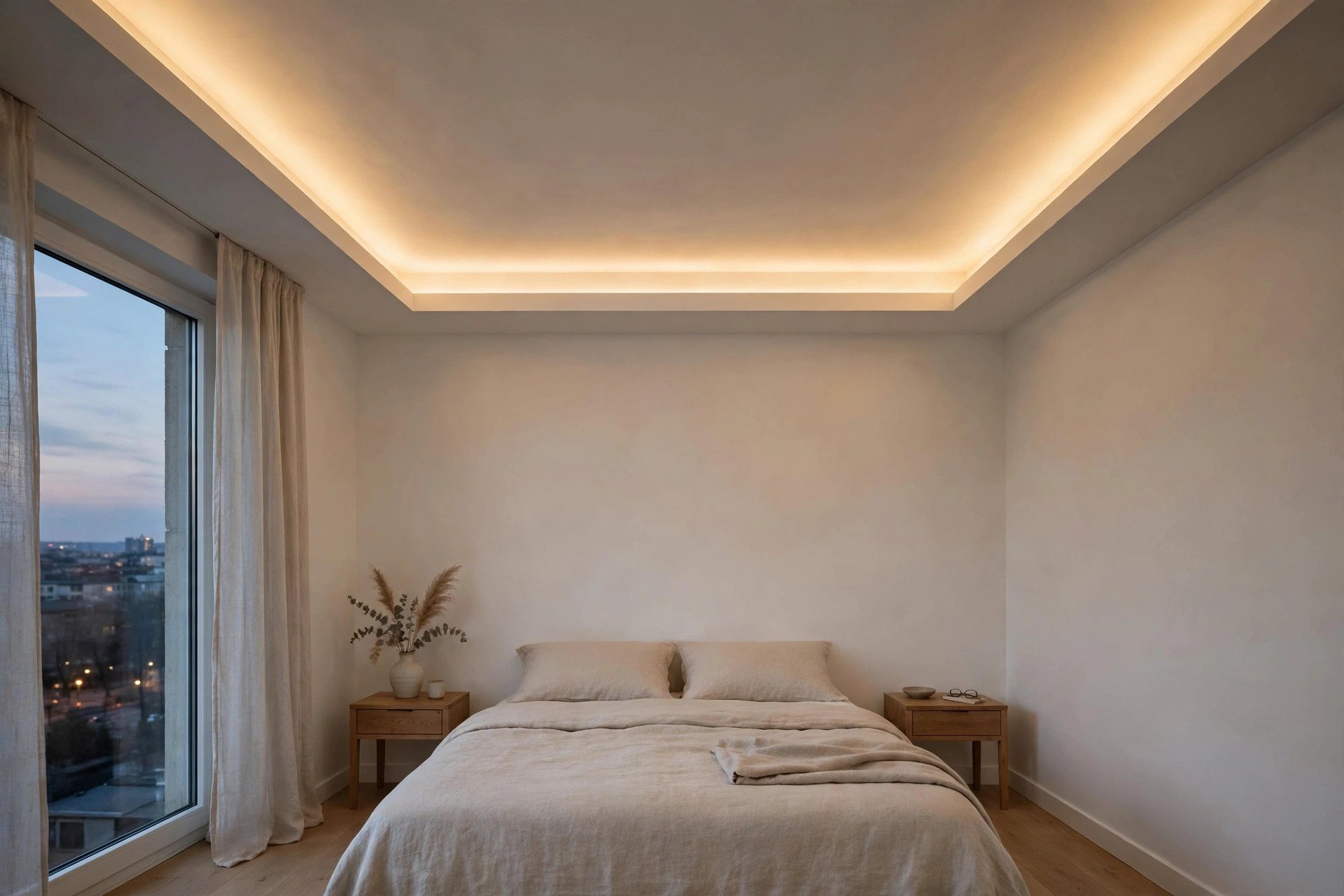 Concept render of a cove-lit peripheral false ceiling with hidden LED strip in a bedroom