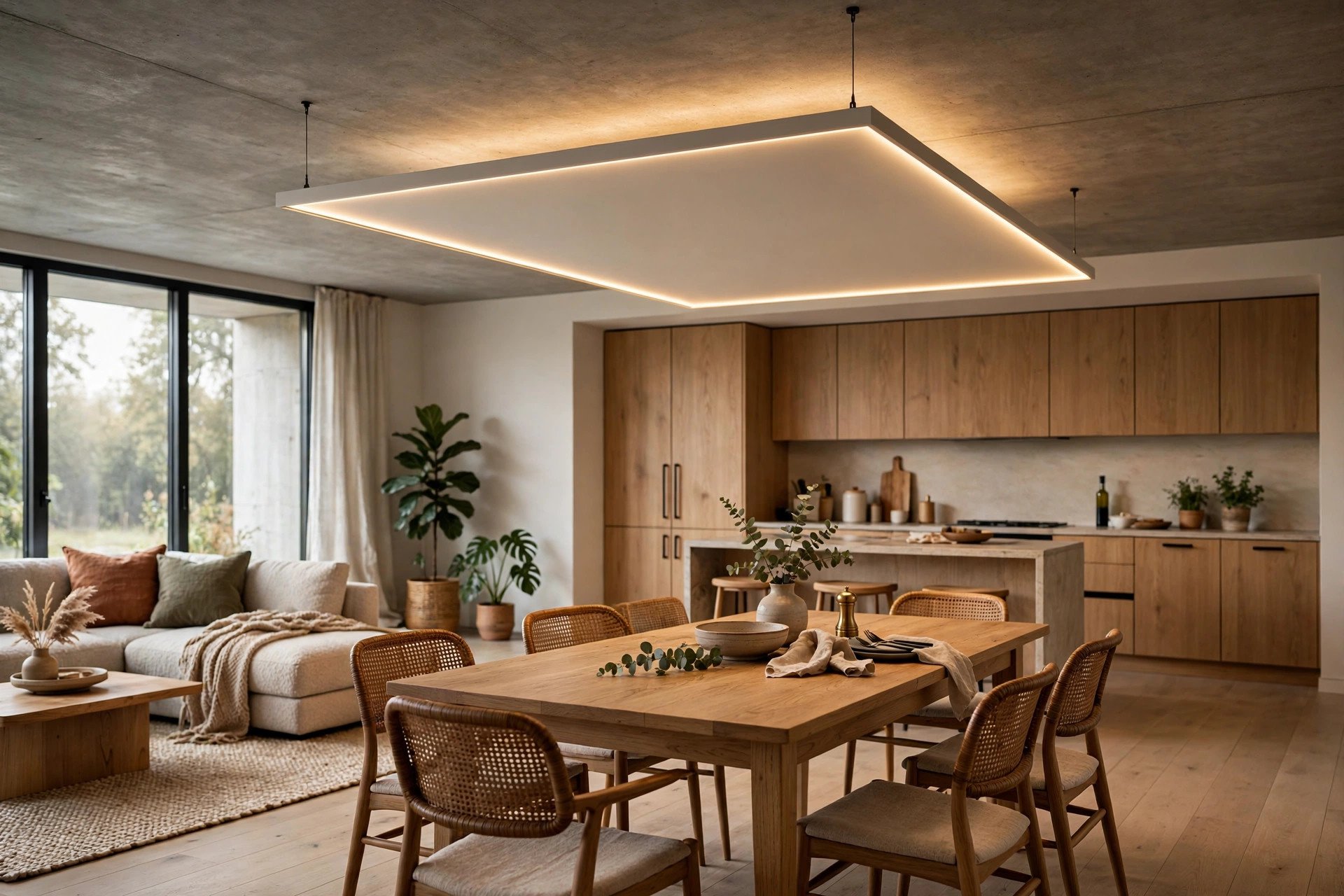 Concept render of a floating ceiling panel with edge lighting above a dining table