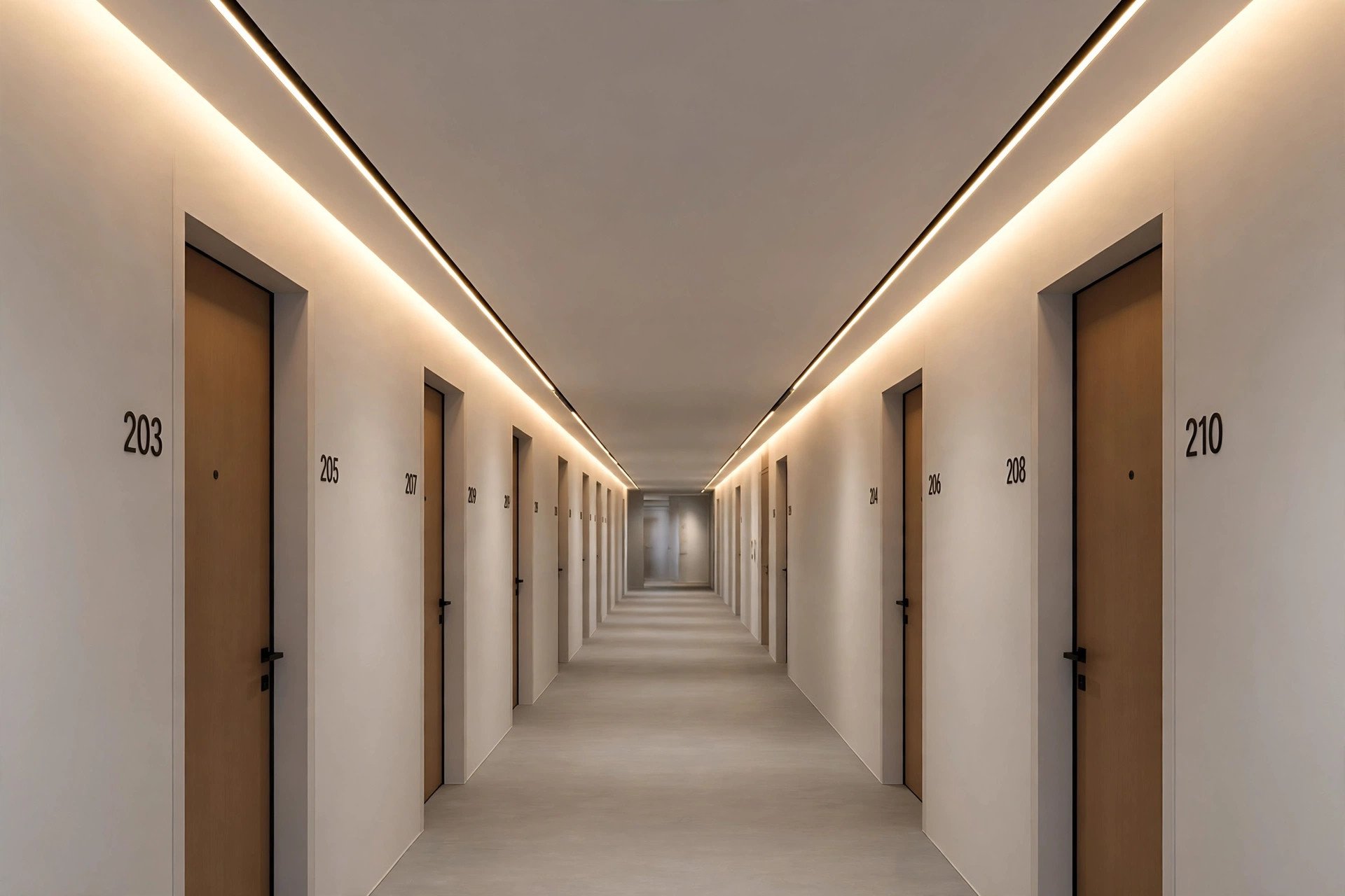 Concept render of slim linear LED light channels recessed in a passage ceiling