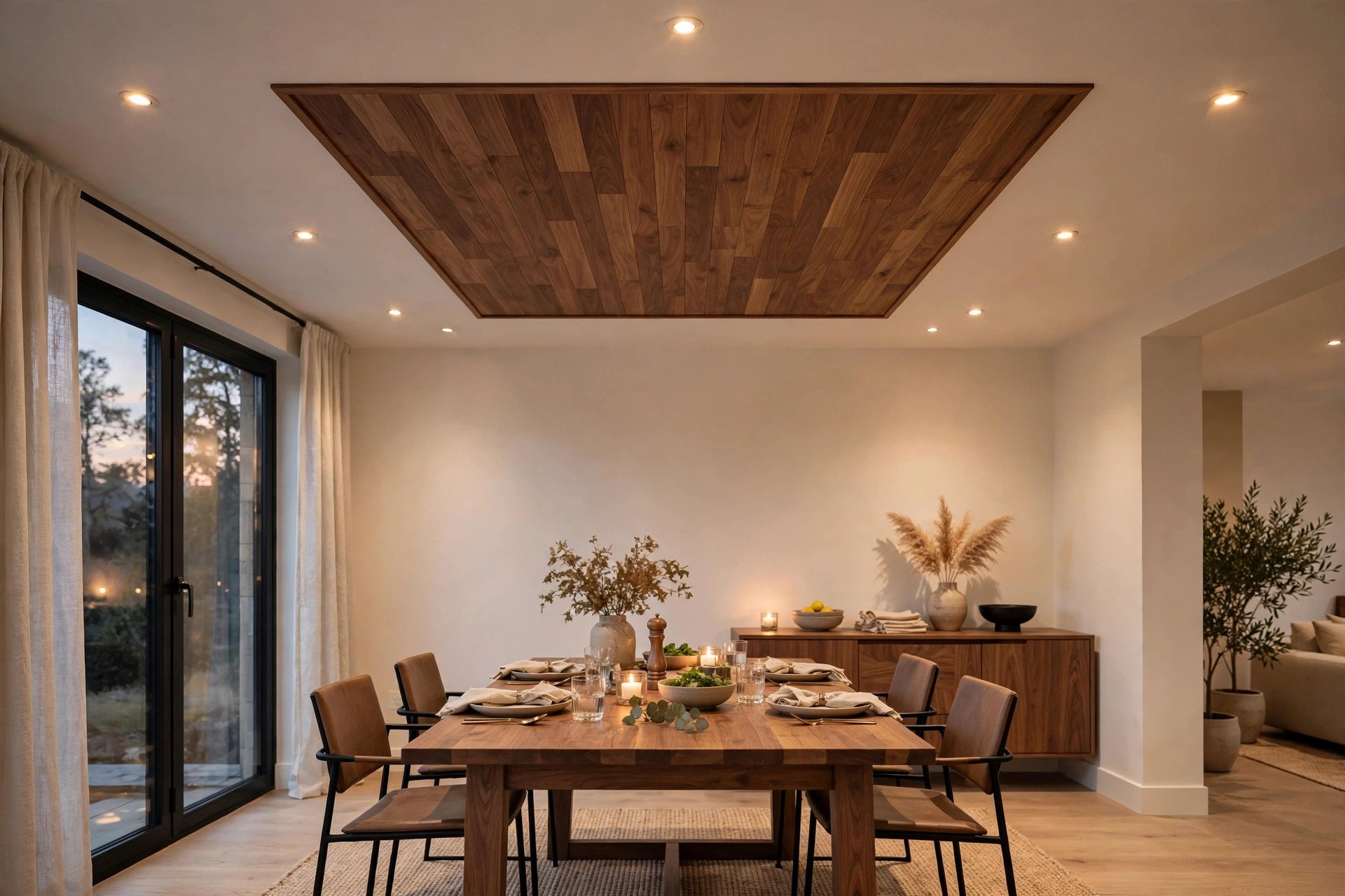 Concept render of a wood veneer accent panel in a dining room ceiling