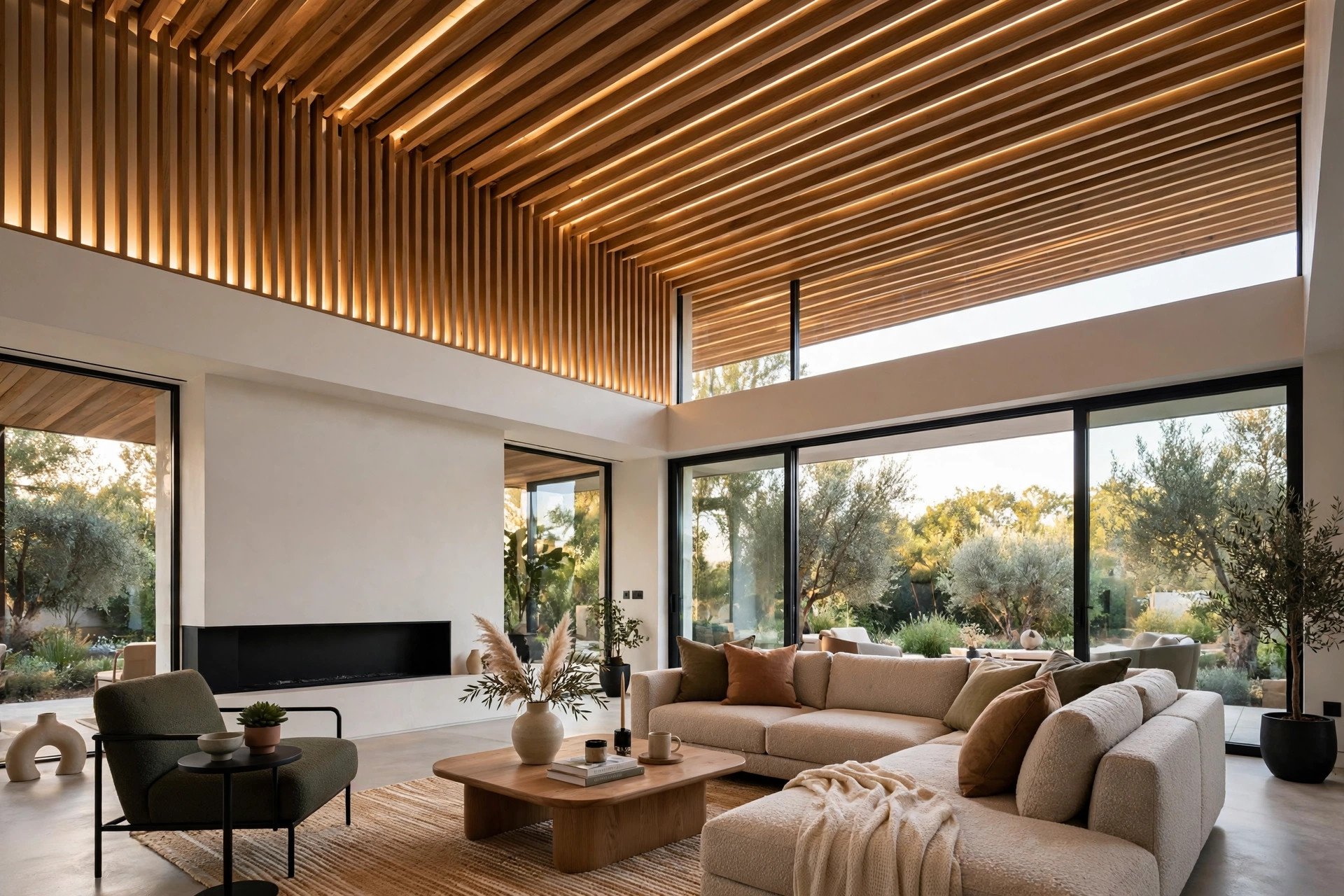 Concept render of slatted wood ceiling in a double-height living room