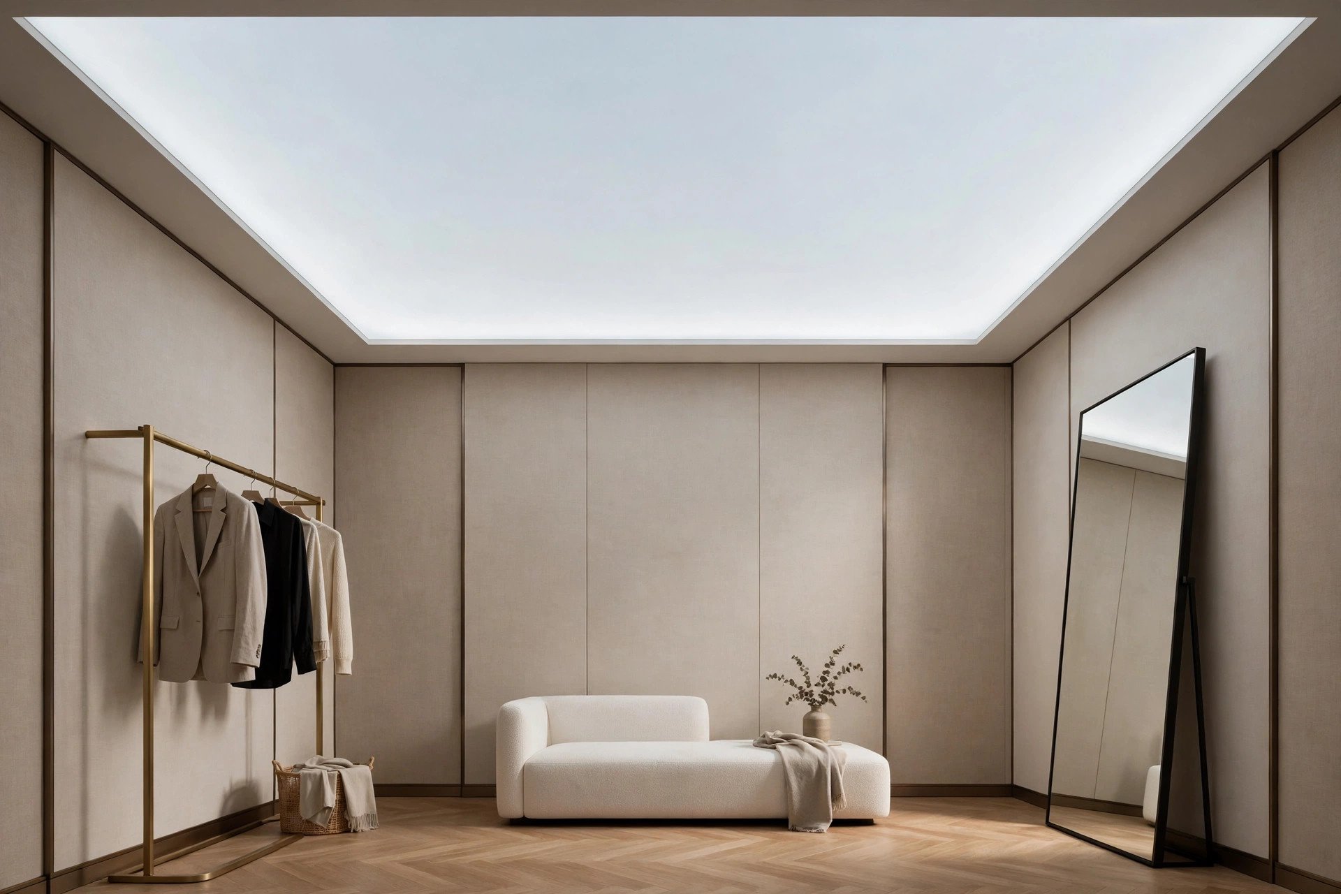 Concept render of a backlit stretch ceiling panel glowing in a home theatre
