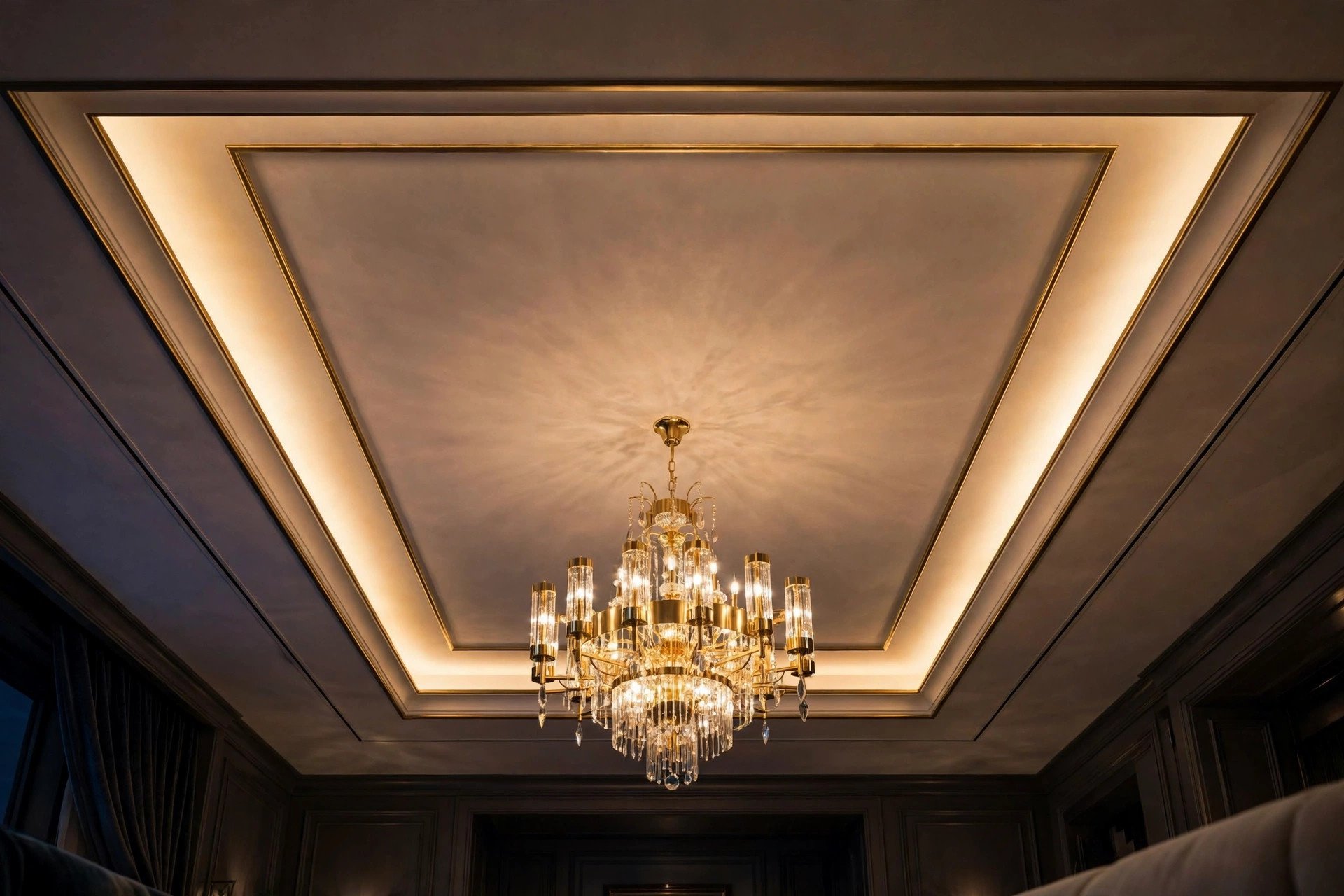 Concept render of thin gold metallic trim inlay in a ceiling border