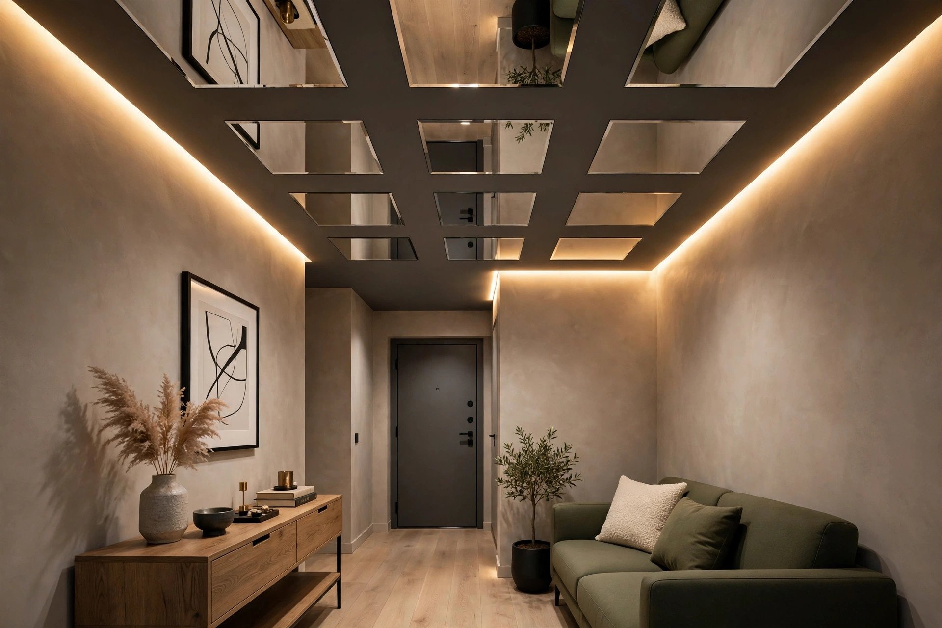 Concept render of mirror inlay strips in a small hall ceiling