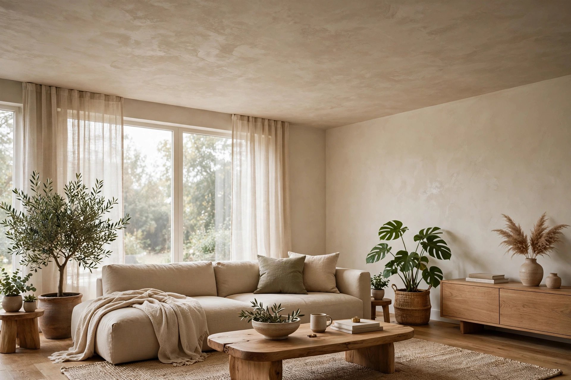 Concept render of a greige-toned false ceiling in a modern living room