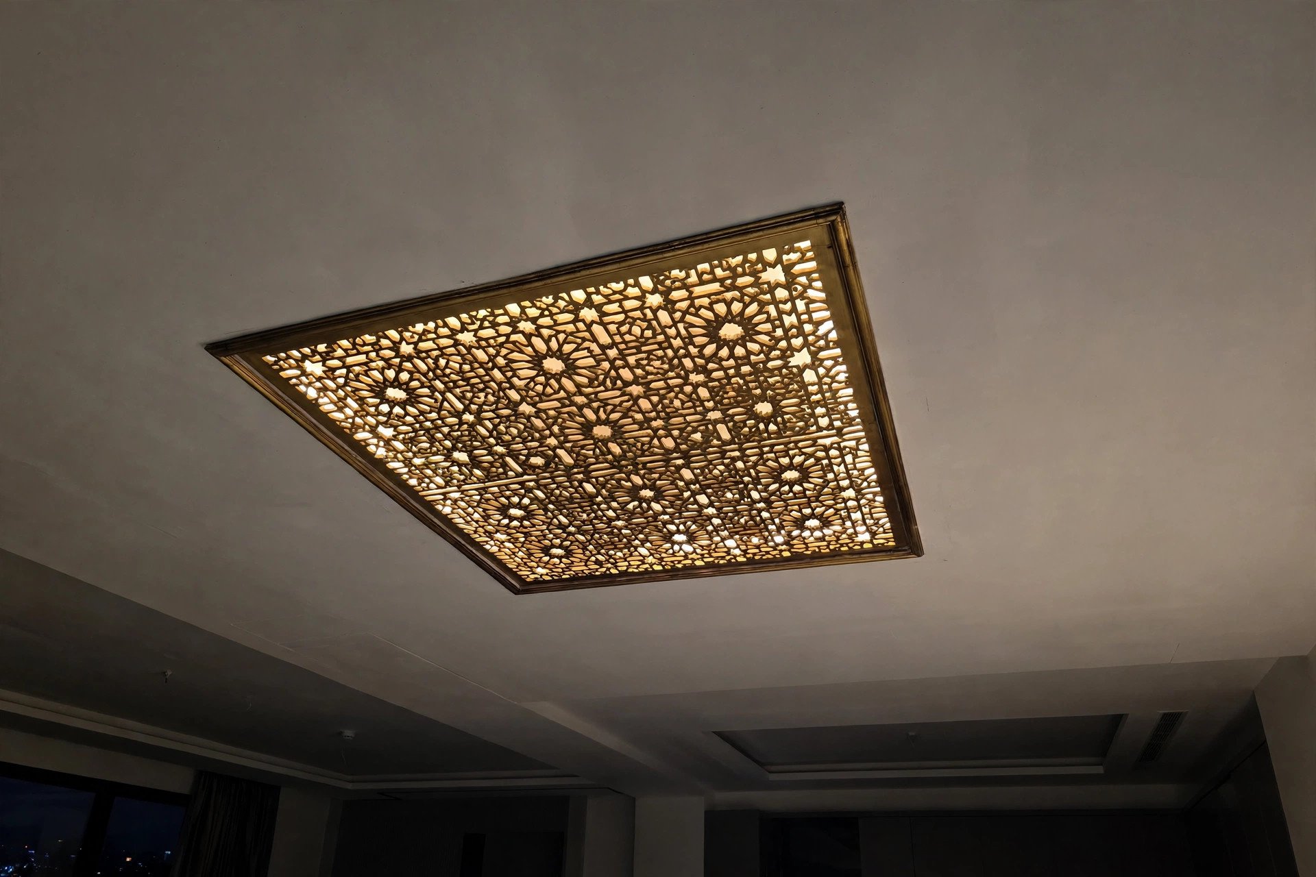 Concept render of a brass jali border fused with a modern tray ceiling