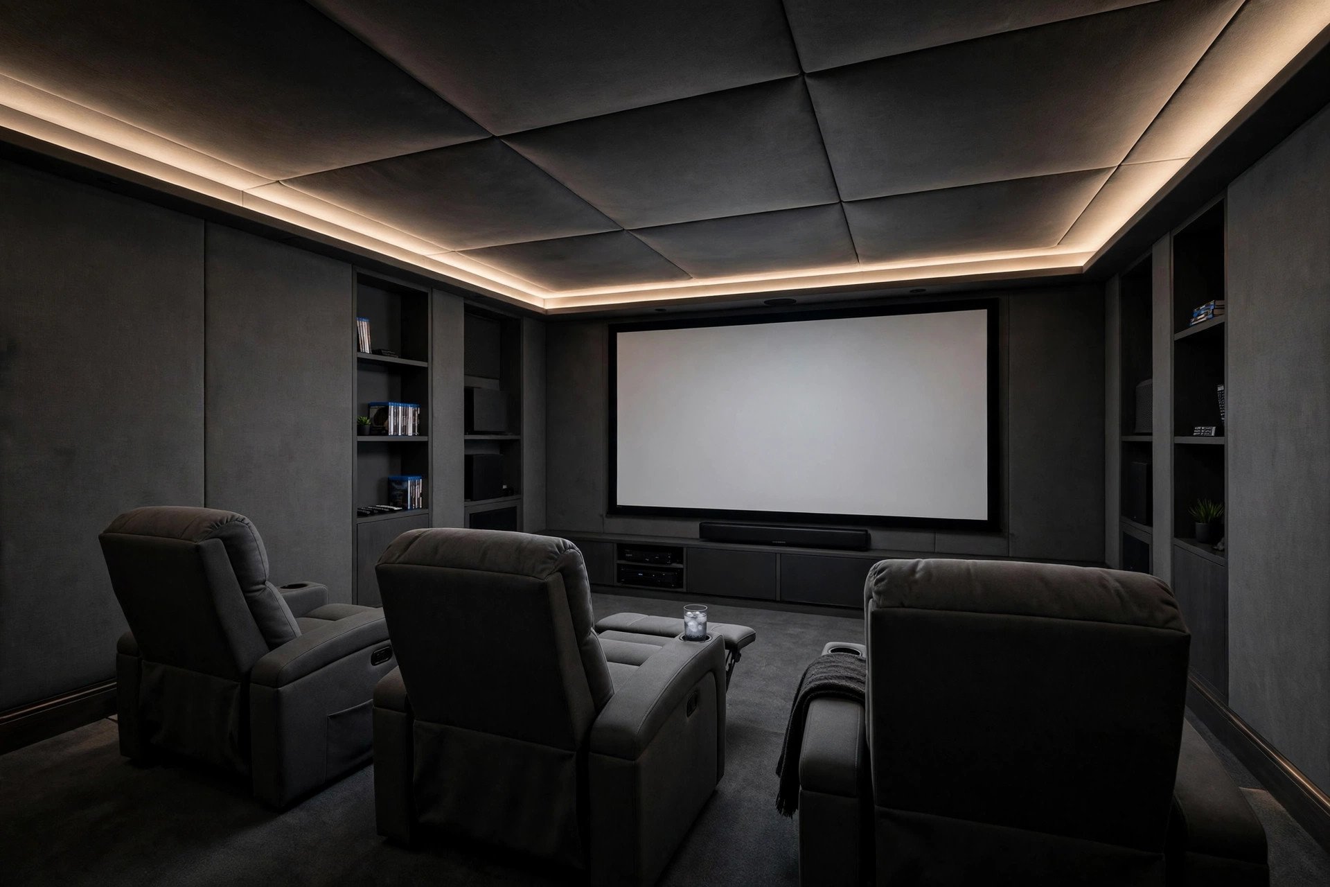 Concept render of fabric acoustic ceiling panels in a home theatre