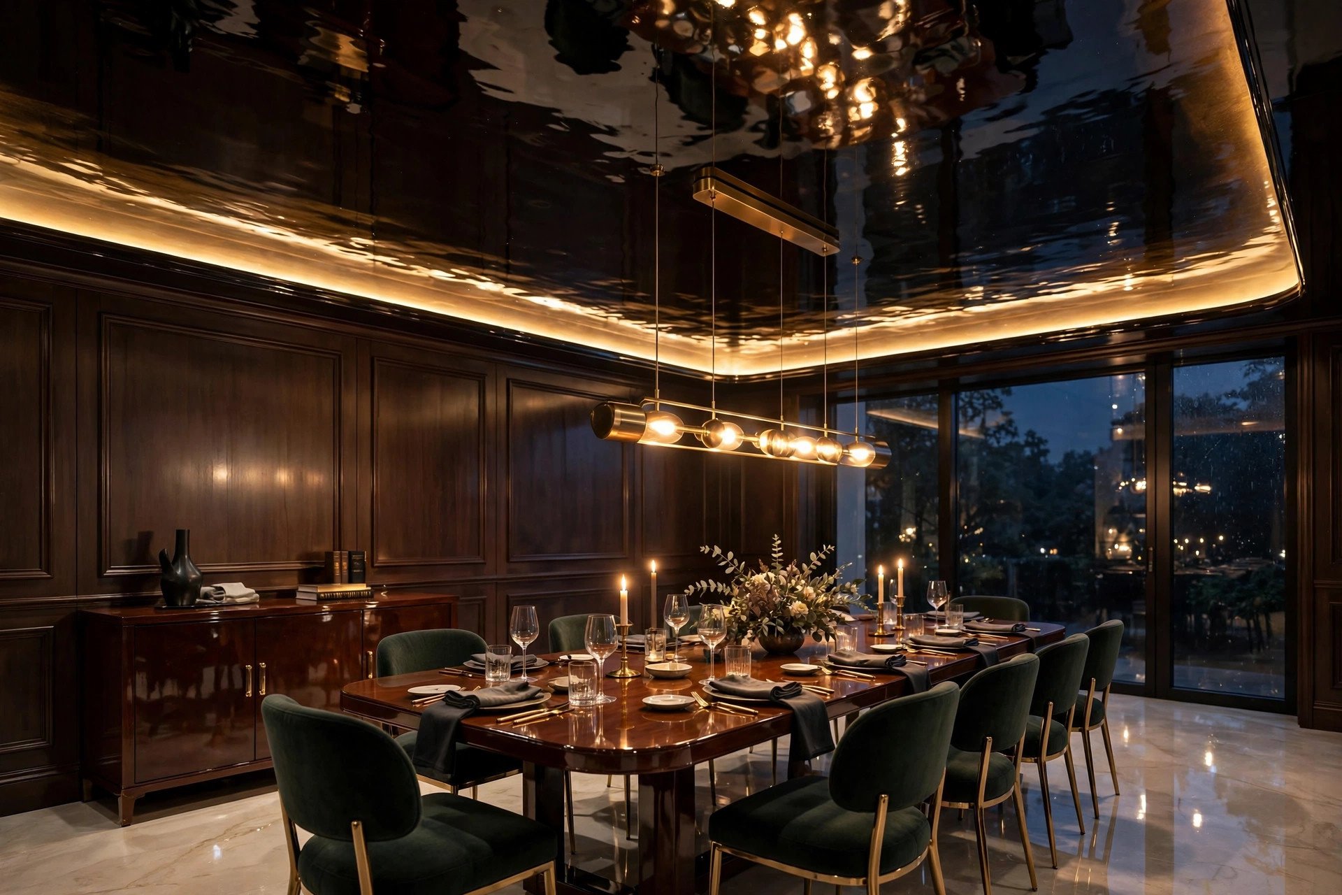 Concept render of a high-gloss lacquered ceiling in a dining room
