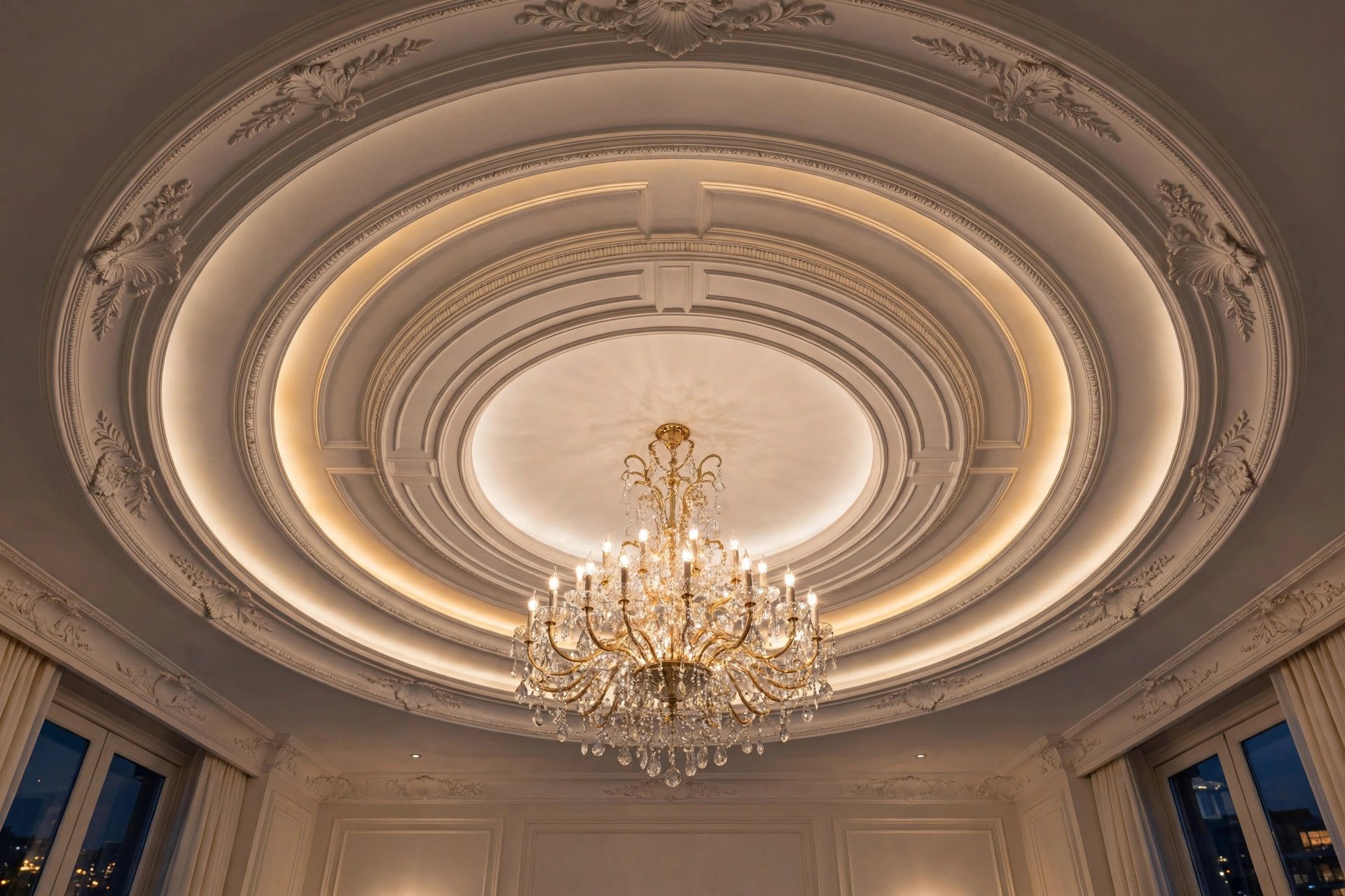 Concept render of a chandelier framed by a ceiling cutout and medallion