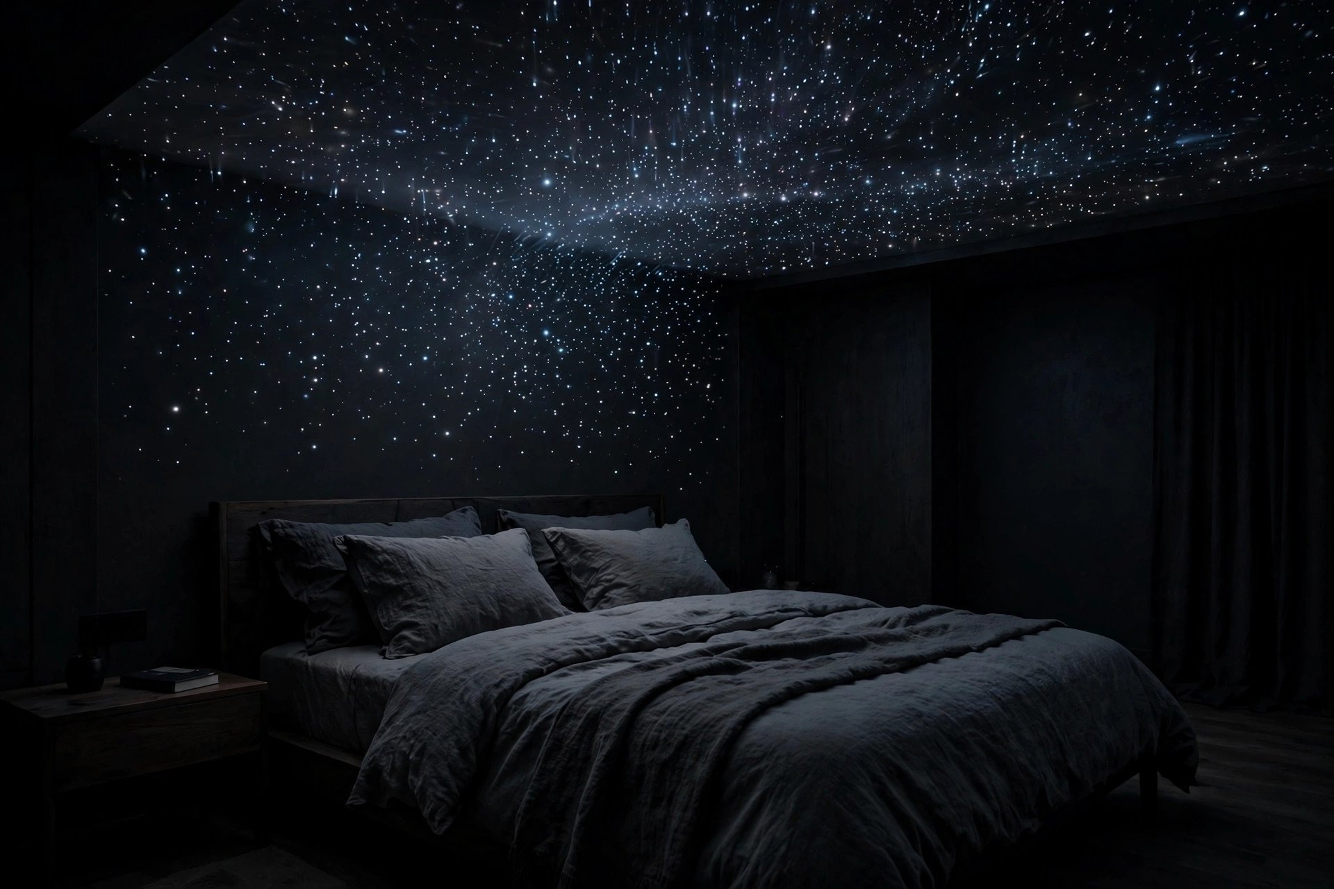 Concept render of a fibre-optic star ceiling in a bedroom at night