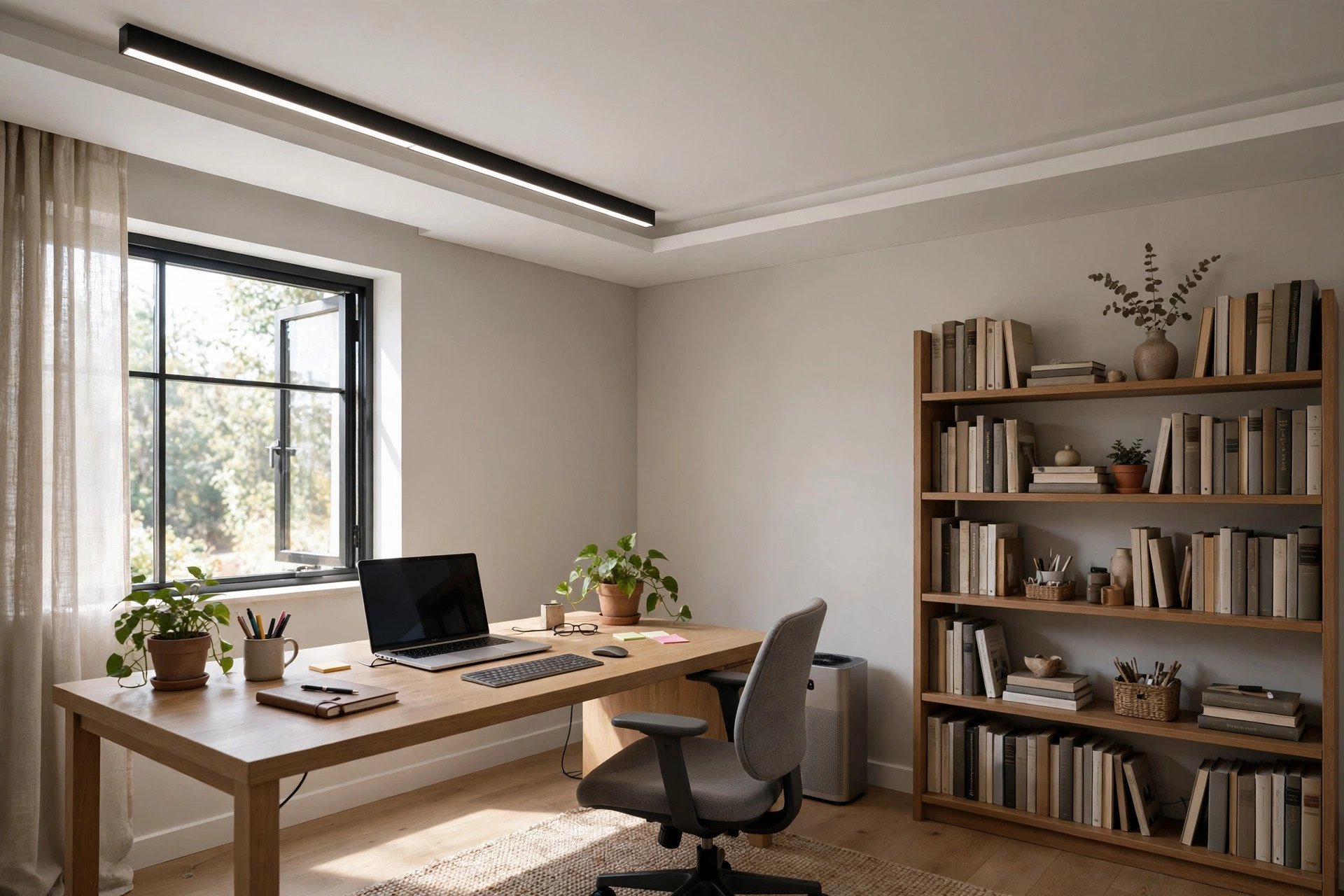 Concept render of a slim dropped ceiling with linear lights in a home office