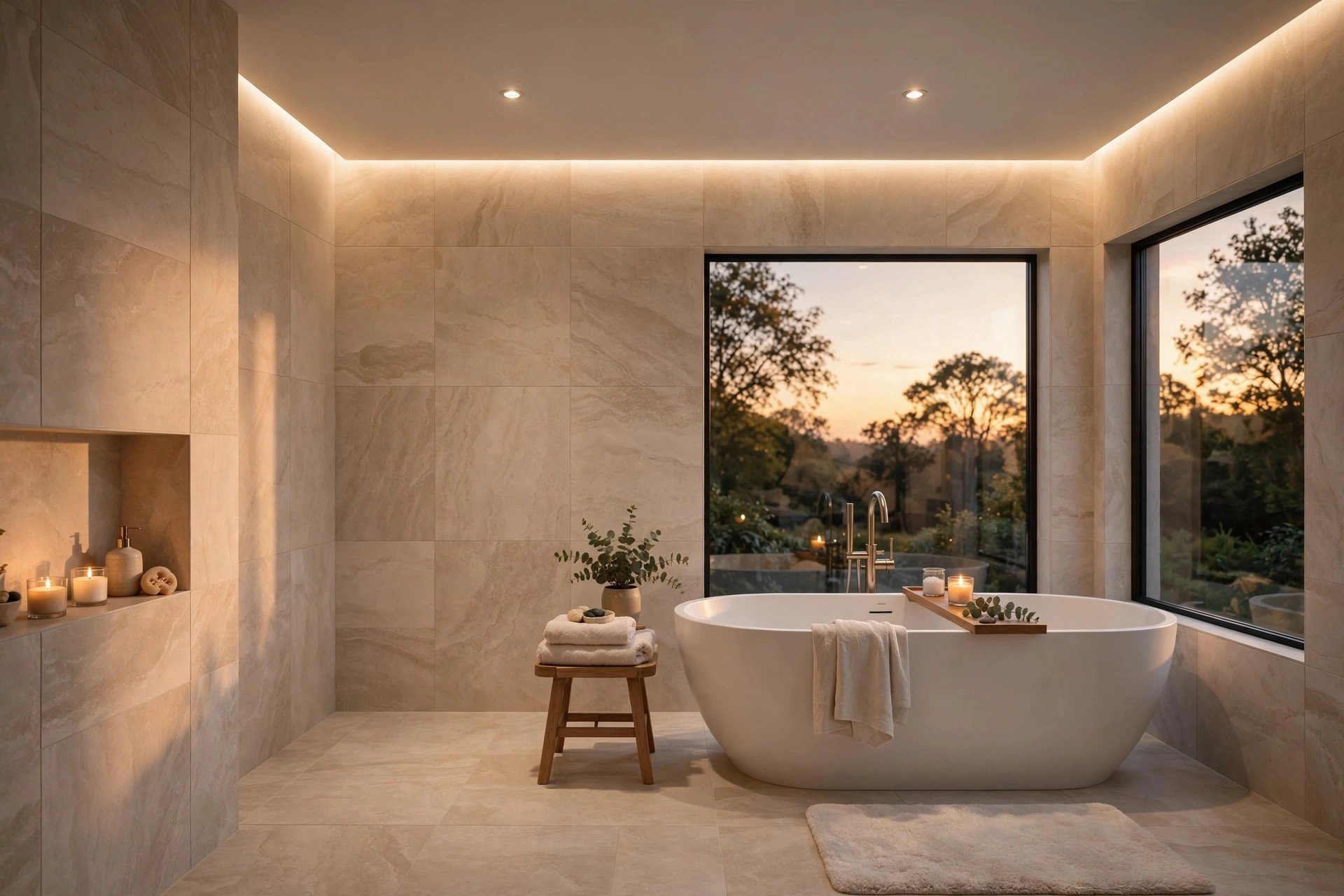 Concept render of a backlit spa-style ceiling in a bathroom