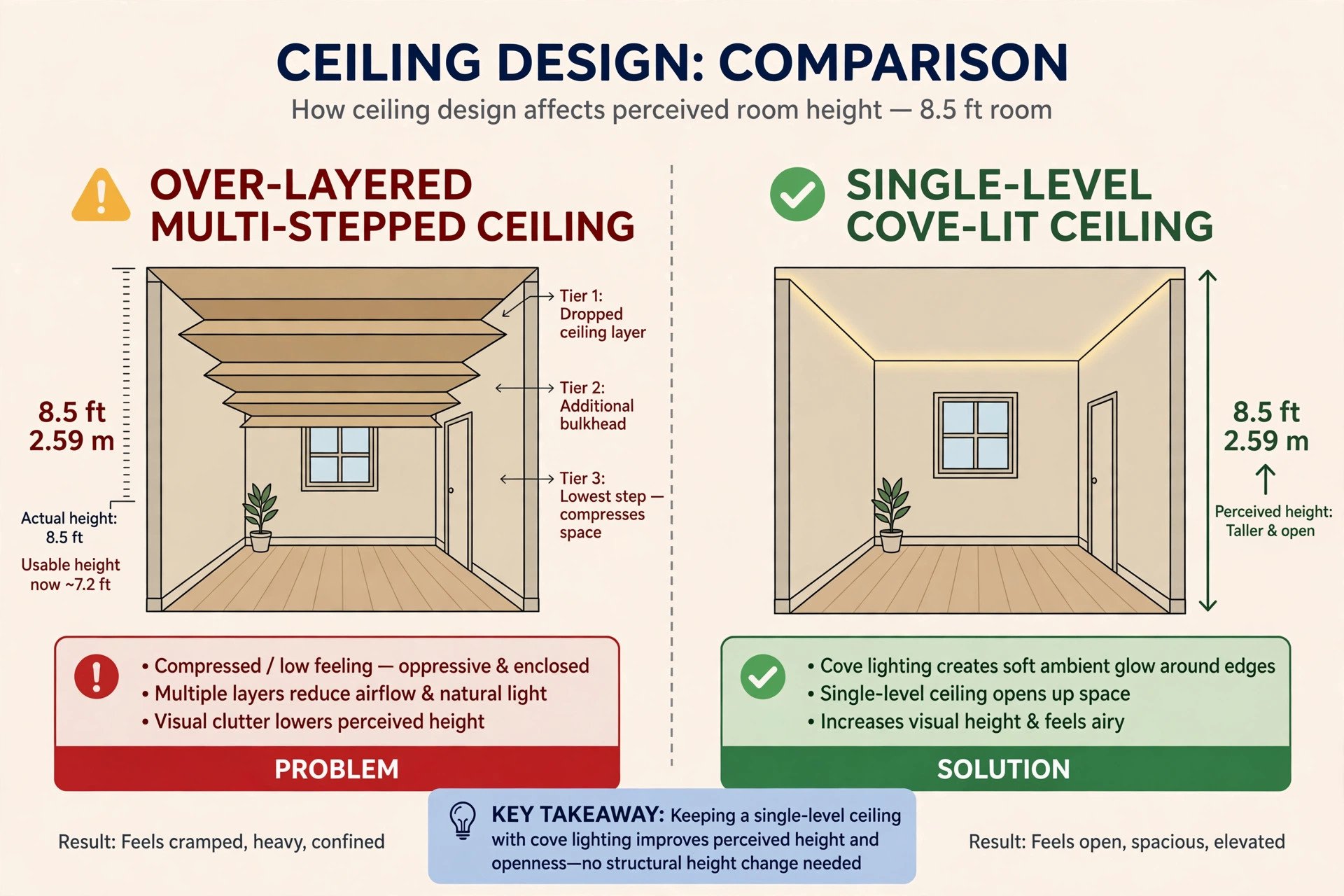 Illustration comparing an overlayered busy ceiling with a restrained layered ceiling