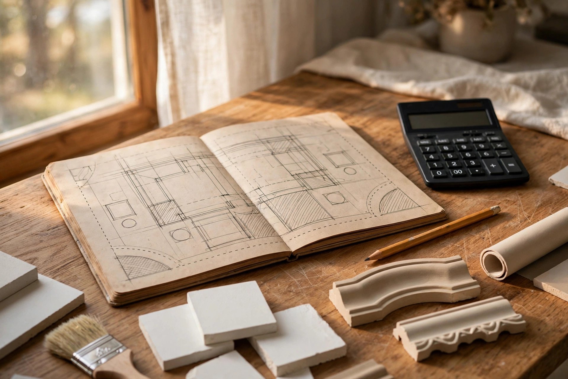 Planning desk with a ceiling design sketchbook, calculator and material samples used for budgeting a false ceiling project