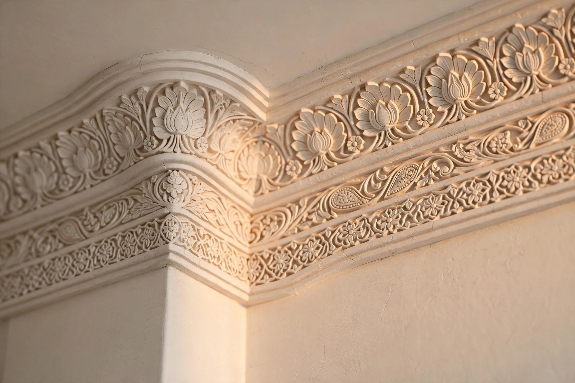 Decorative white plaster of Paris ceiling moulding with curved cornice detail