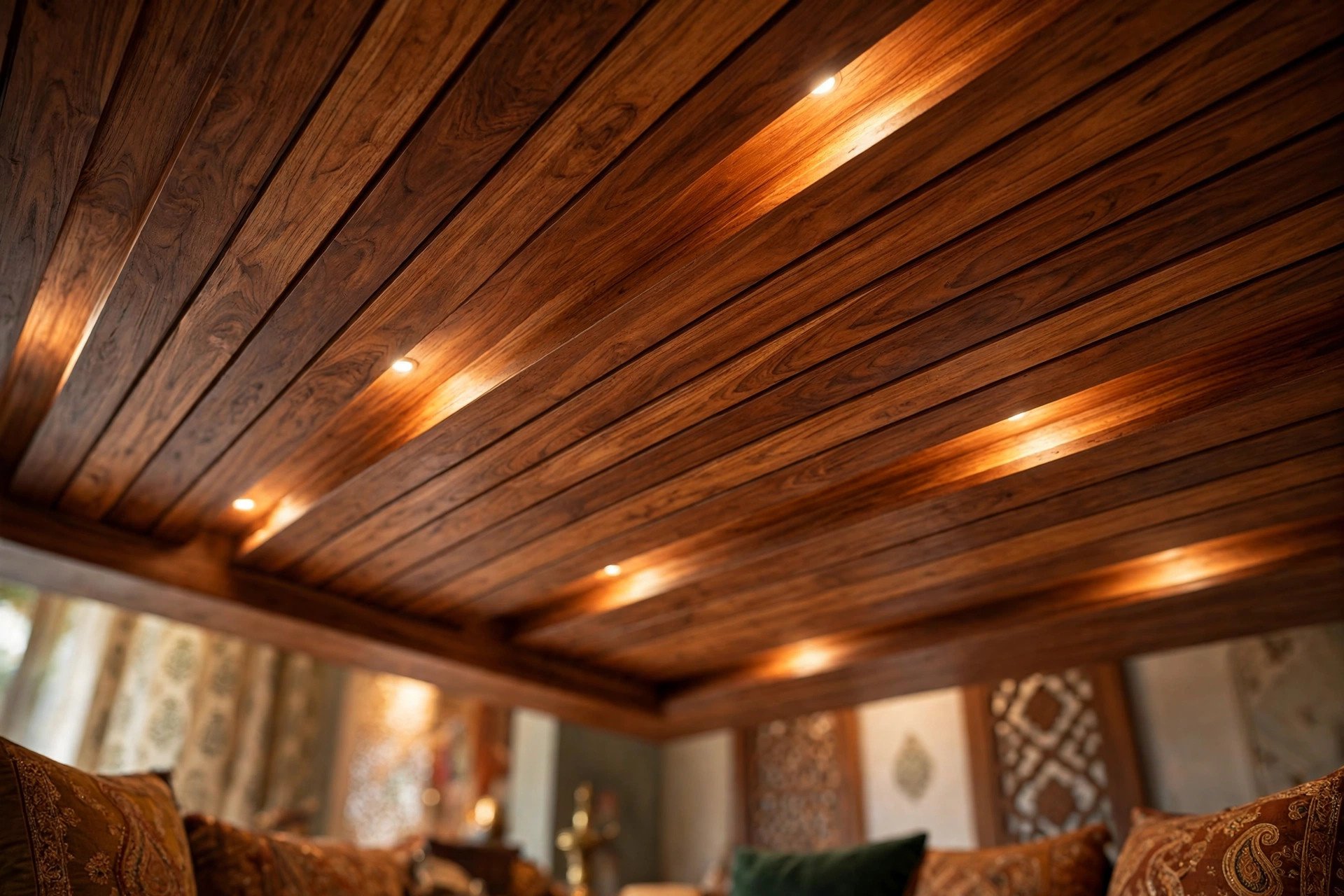 Warm wooden plank false ceiling with recessed downlights in a premium living room