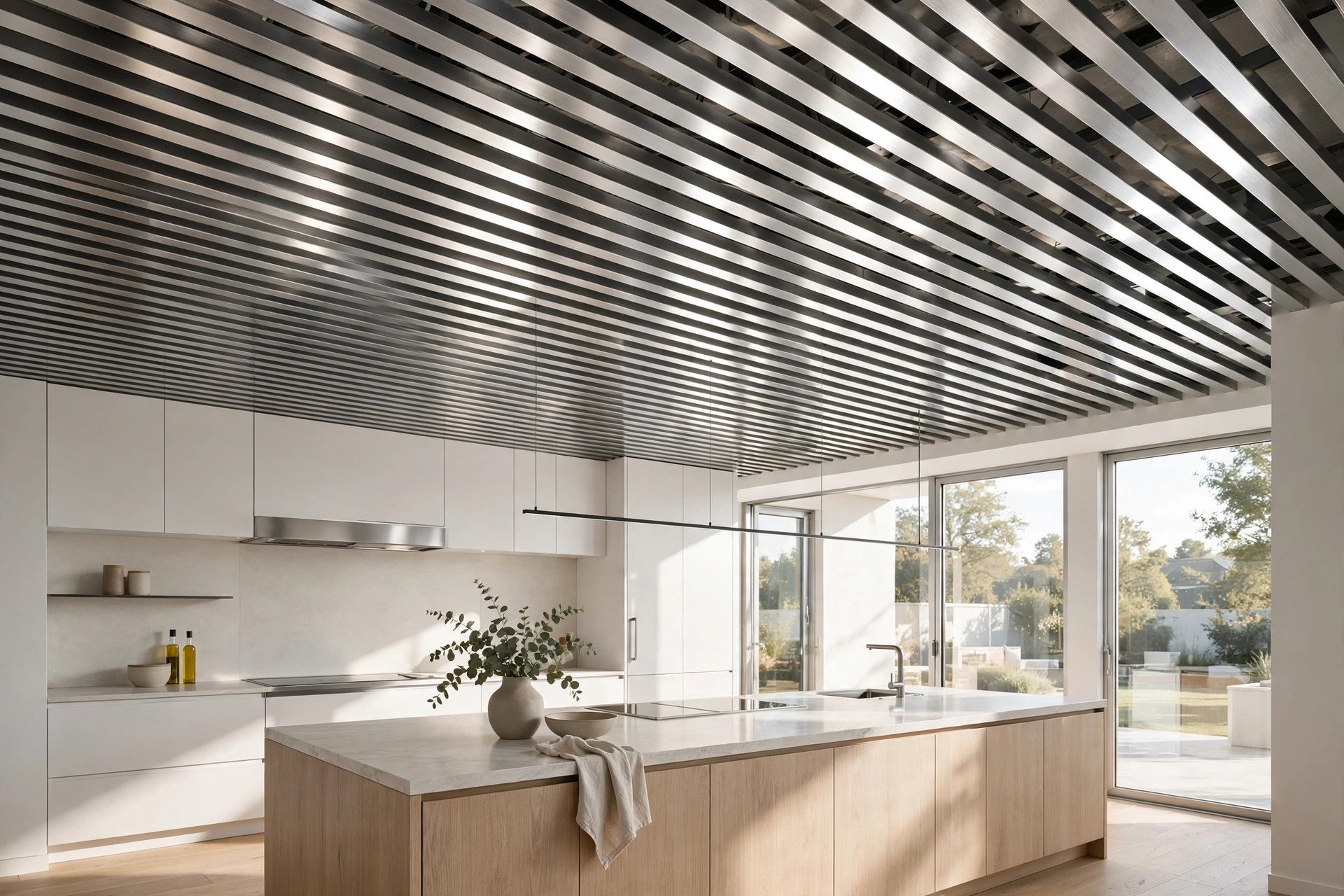 Slim aluminium baffle false ceiling with metallic slats in a modern kitchen