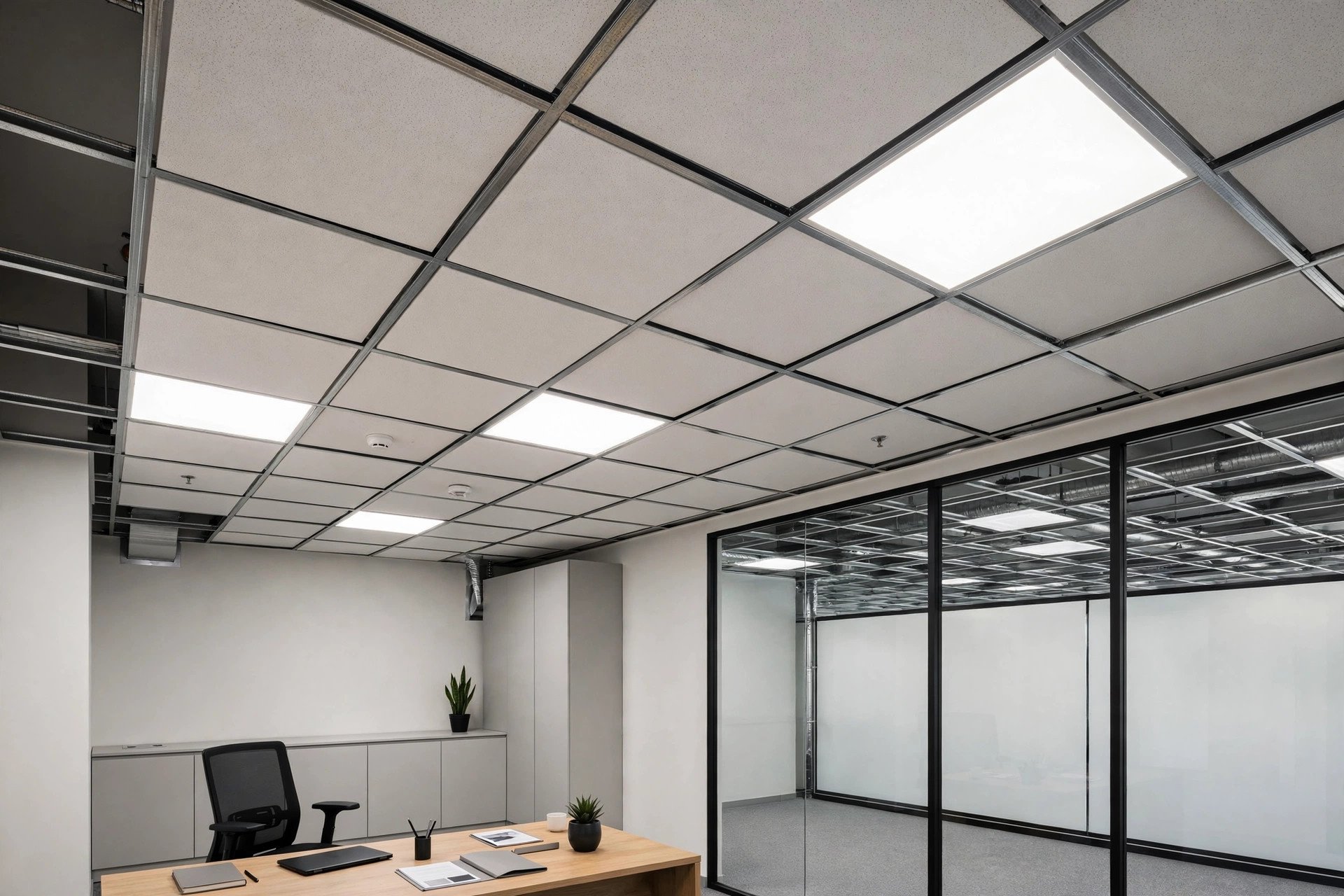Exposed-grid suspended ceiling with white mineral fibre tiles in a modern office