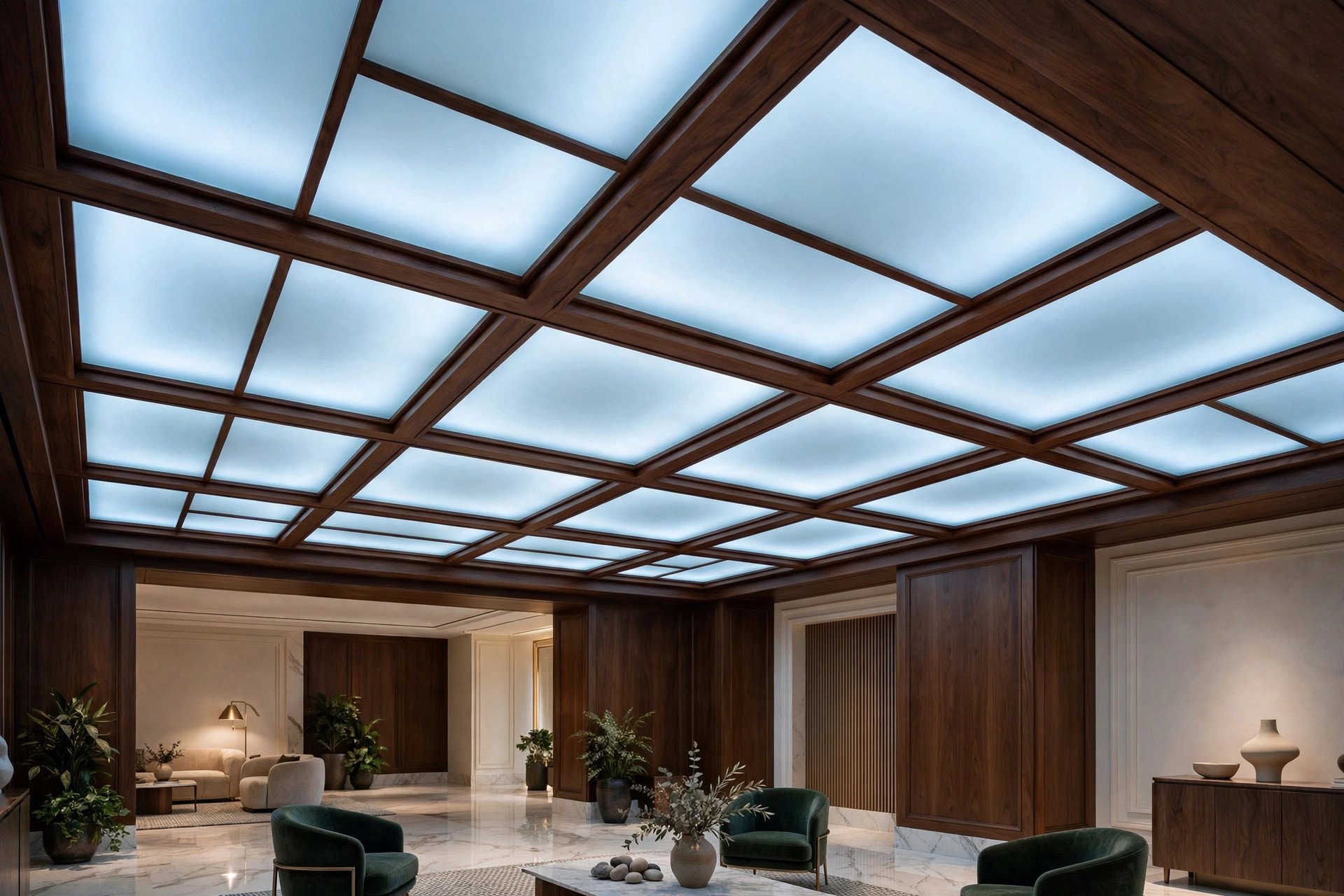 Backlit frosted glass feature ceiling section with dark wood border in a premium lobby
