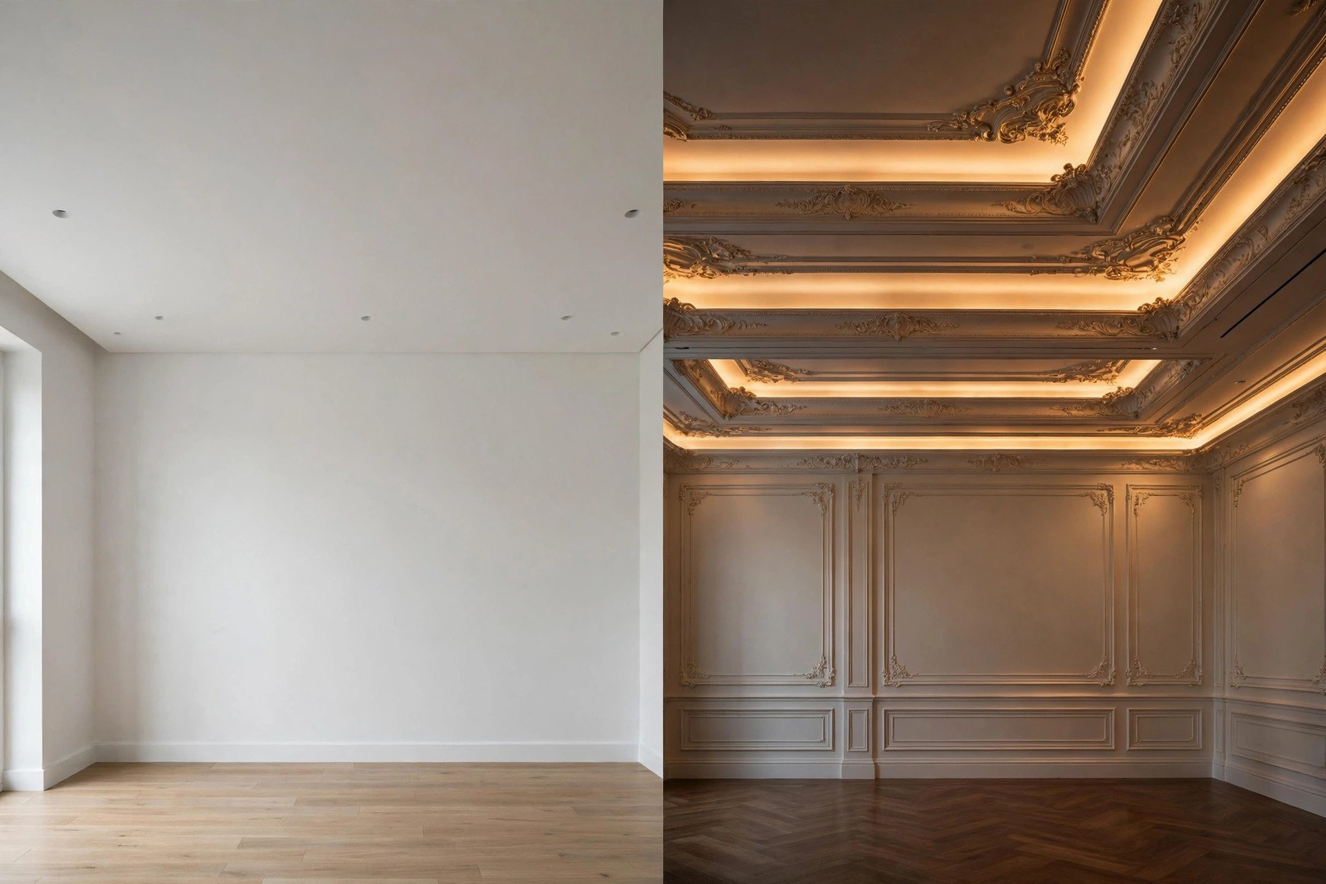 Split comparison of a plain flat white ceiling and an ornate multi-layered ceiling with cove lighting