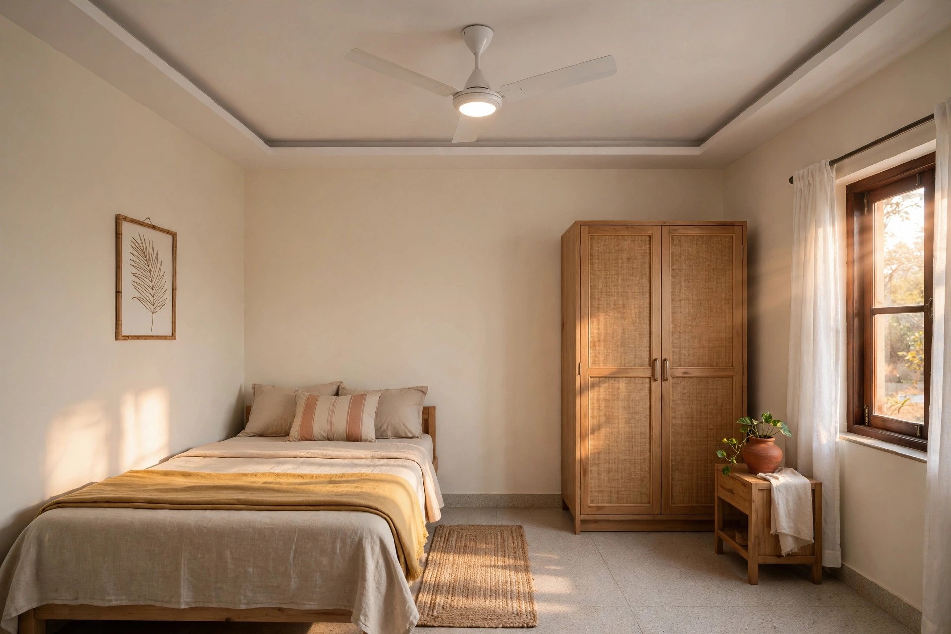 Modest Indian bedroom with a simple single-level white false ceiling, slim border and ceiling fan