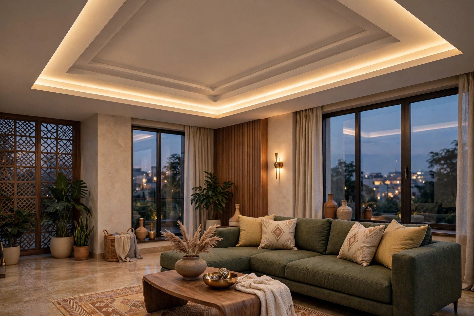 Elegant living room at dusk with layered gypsum ceiling and warm cove lighting