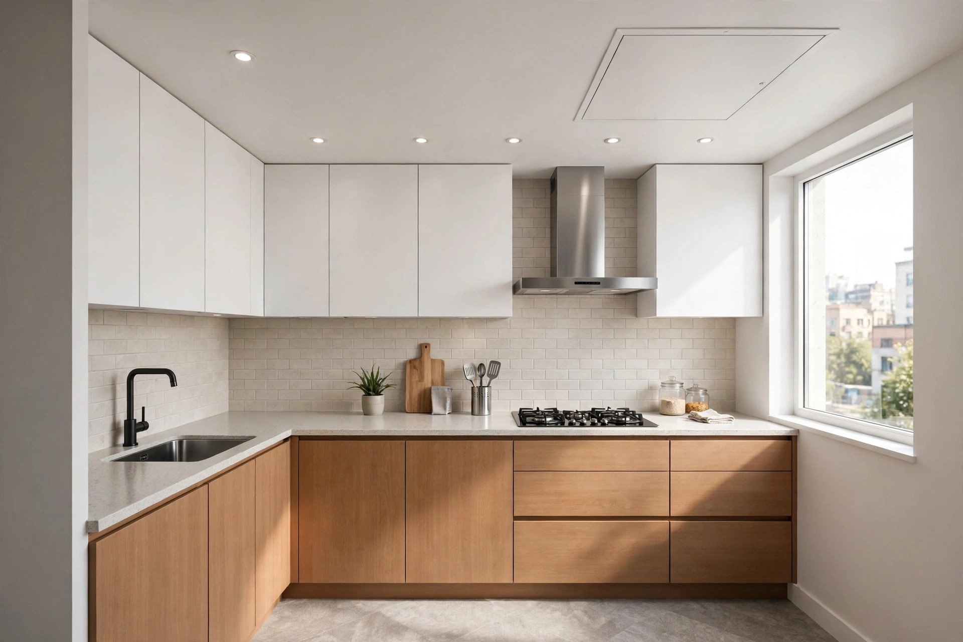Compact Indian kitchen with a clean white moisture-resistant false ceiling and access panel