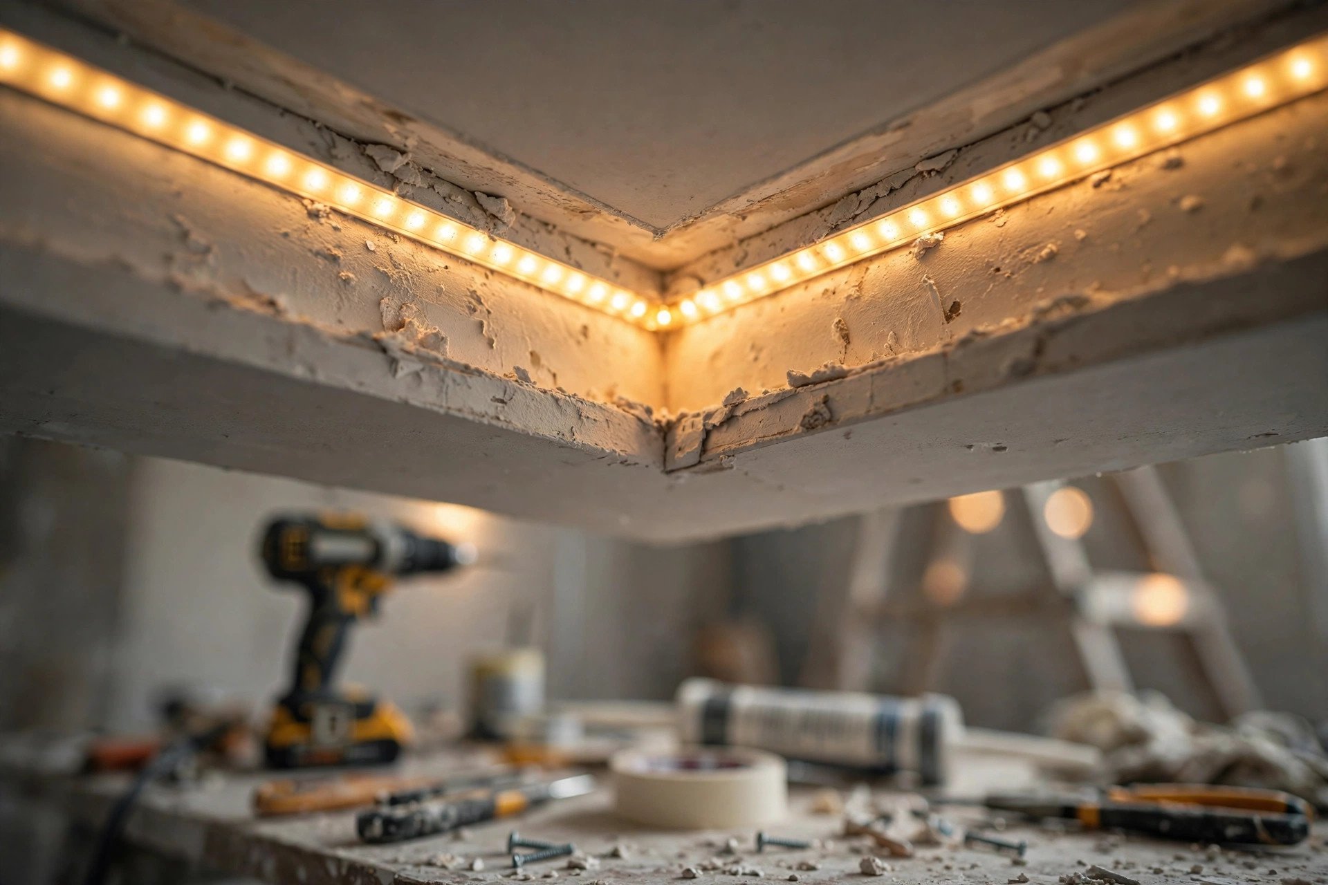 Close-up of a glowing LED strip tucked inside a false ceiling cove light channel