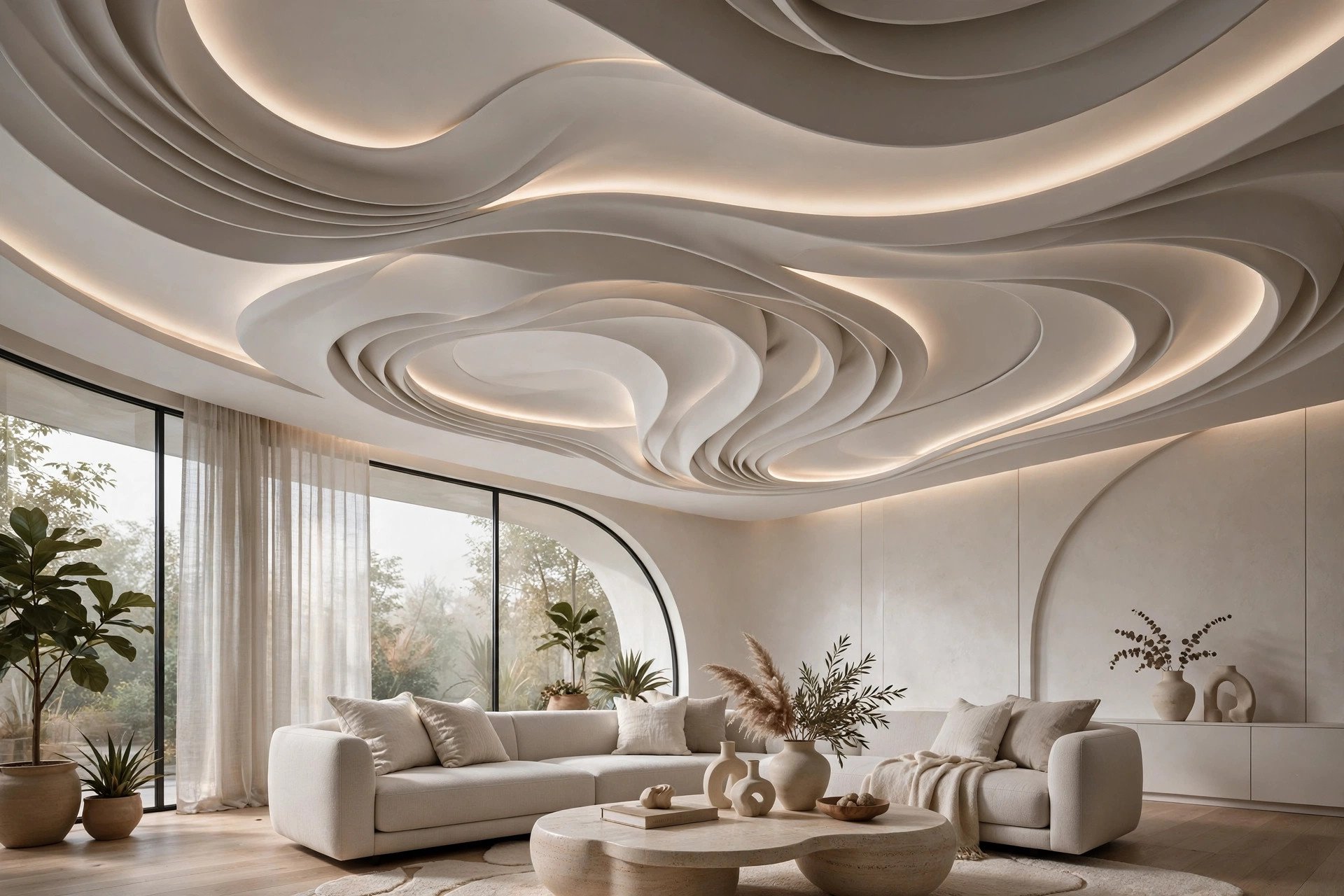Dramatic curved layered false ceiling with soft indirect lighting in a premium living room